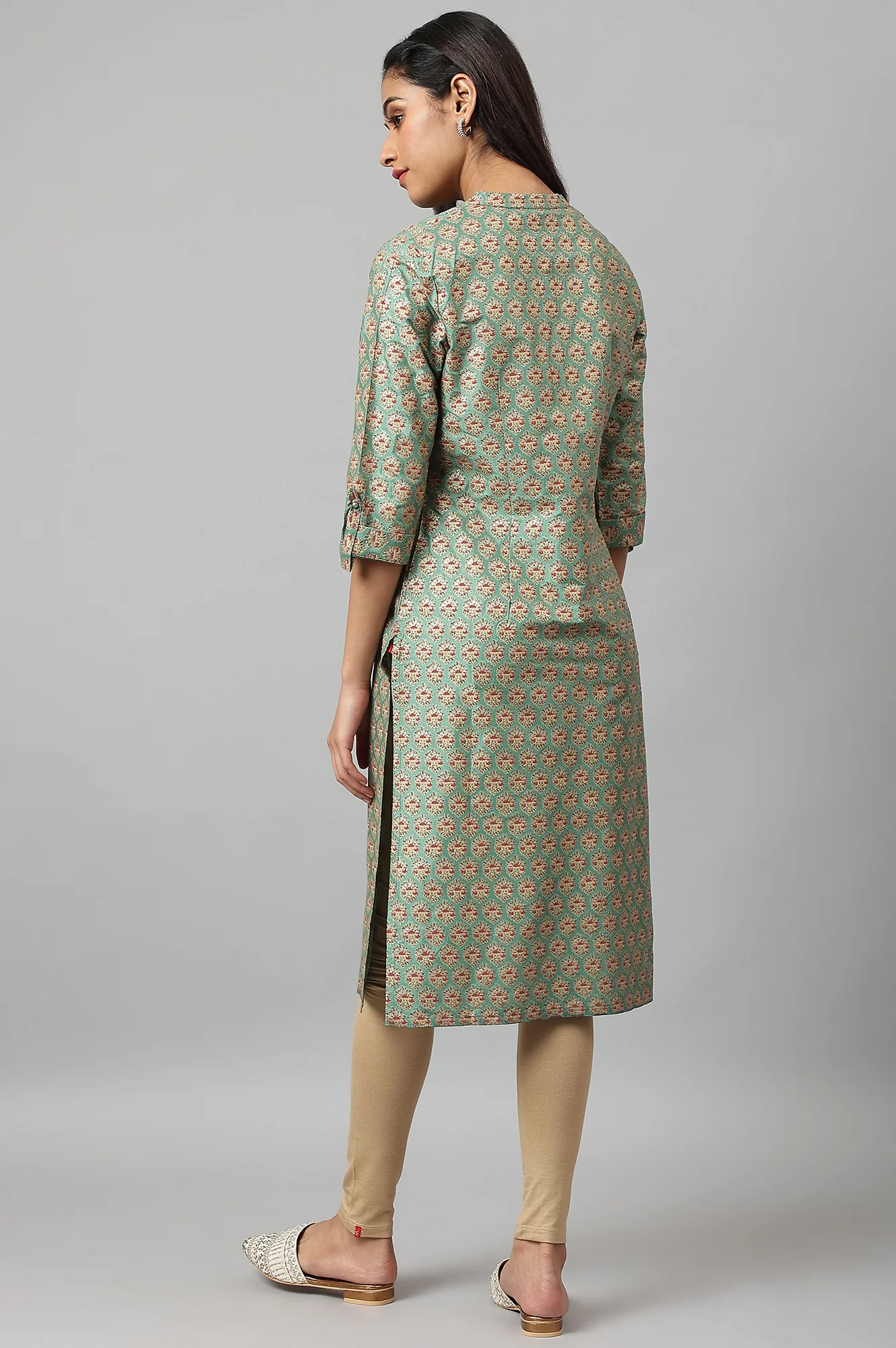 Green Glitter Printed Kurta in Mandarin Collar - Image 4