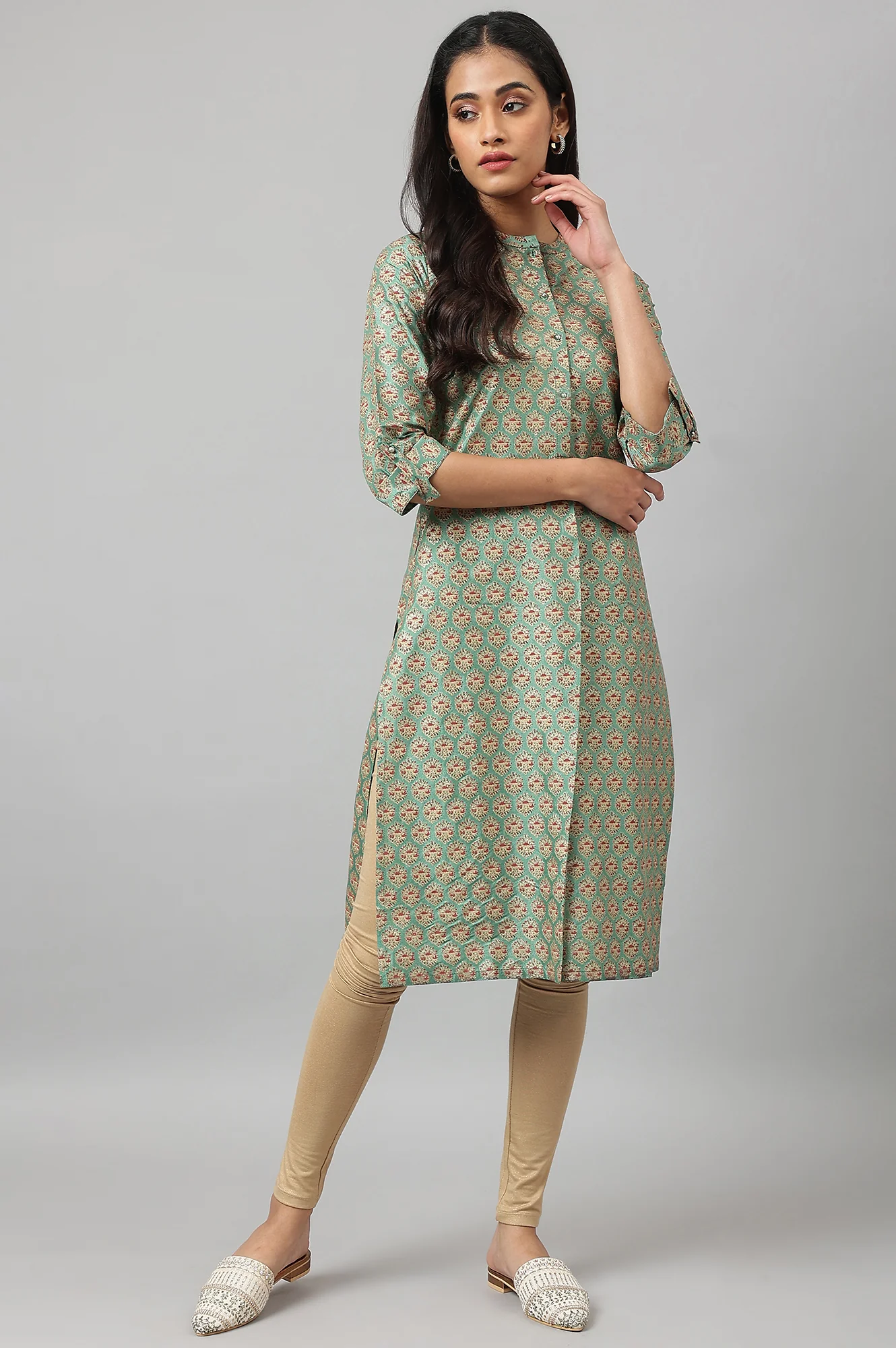 Green Glitter Printed Kurta in Mandarin Collar - Image 5