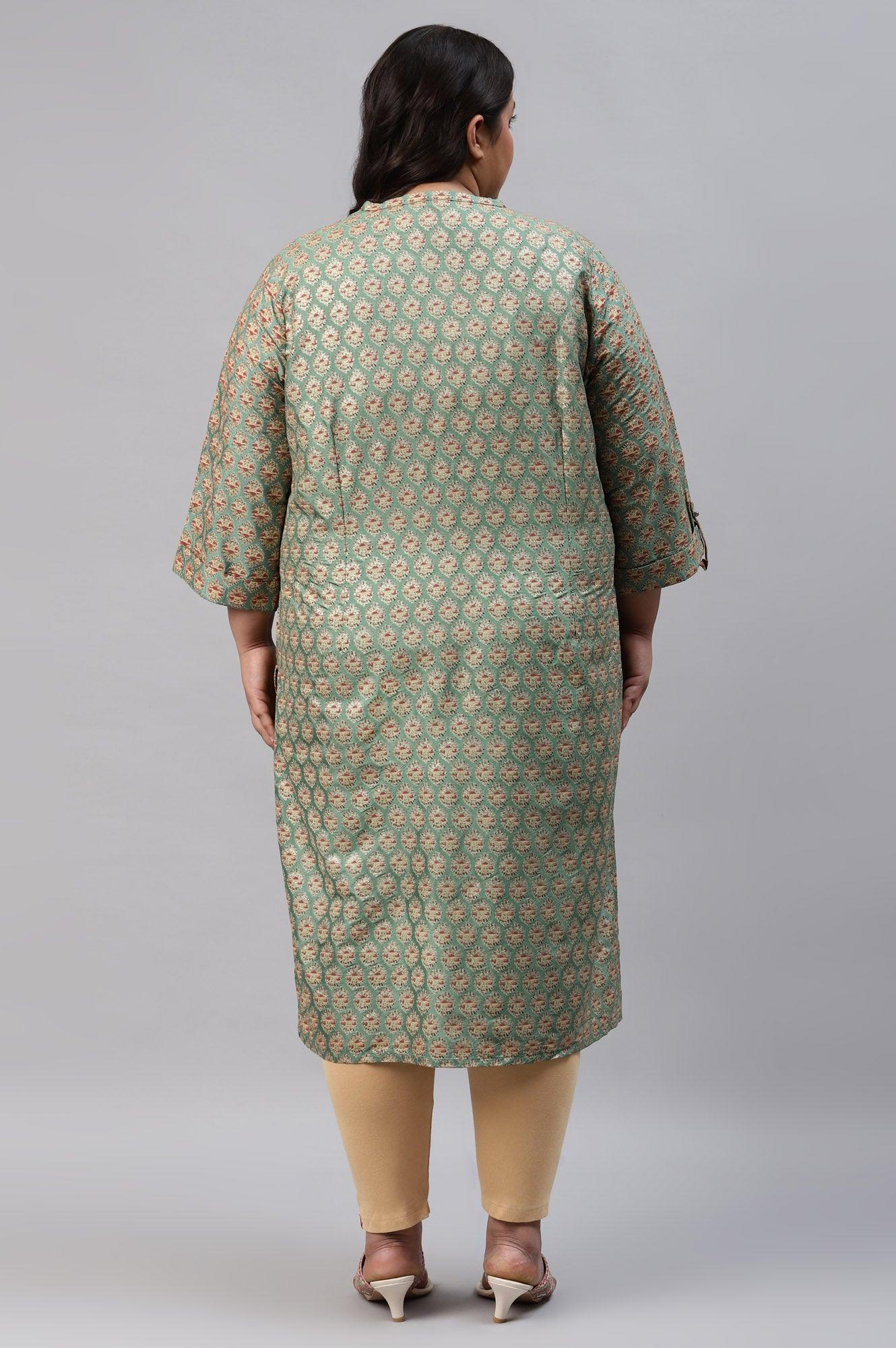 Green Glitter Printed Plus Size kurta In Mandarin Collar - Image 2