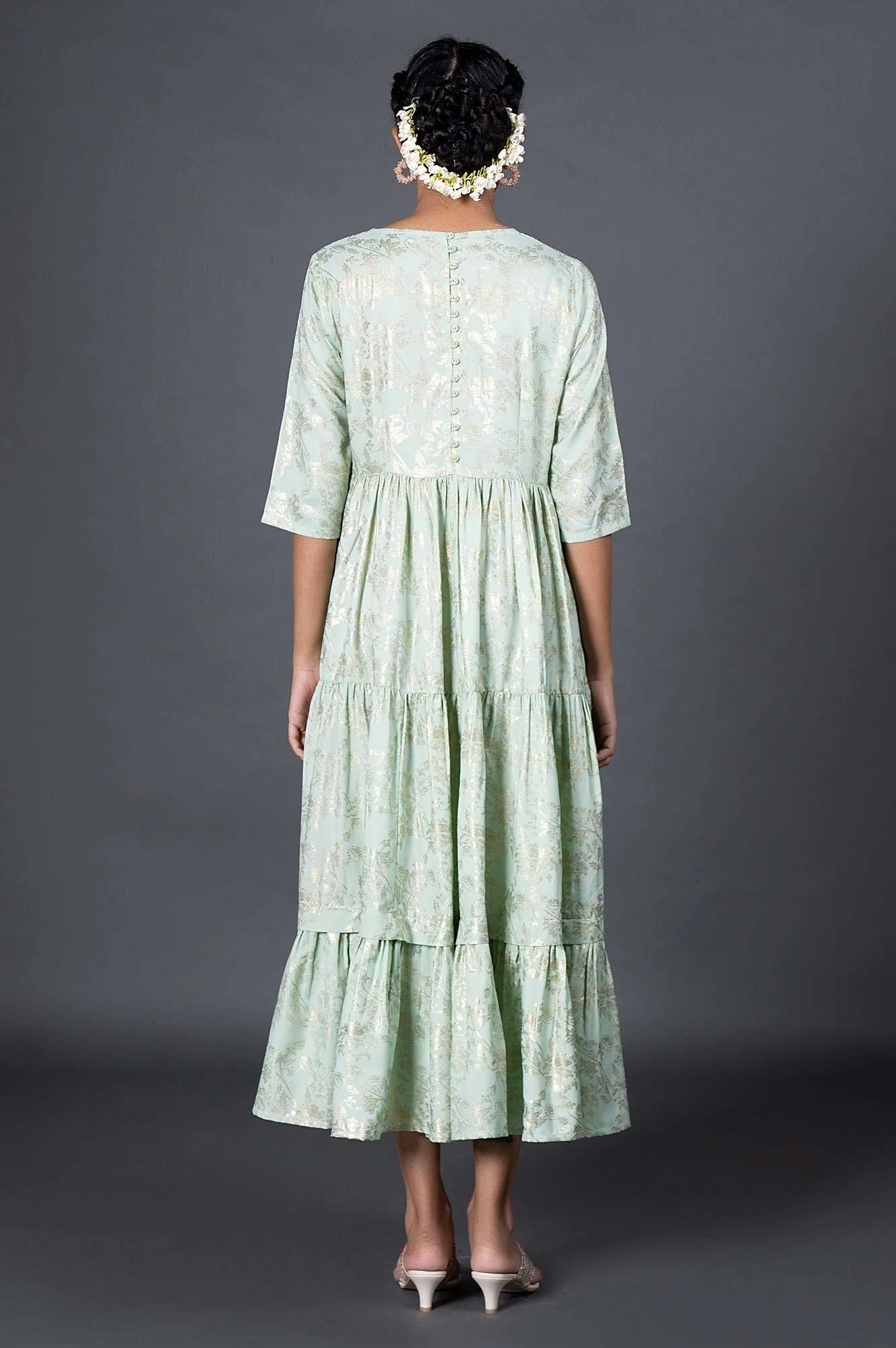 Green Gold Printed Mock Angrakha Dress - Image 2