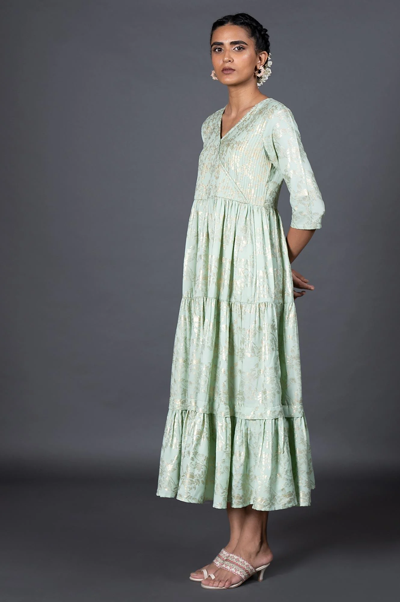 Green Gold Printed Mock Angrakha Dress - Image 3