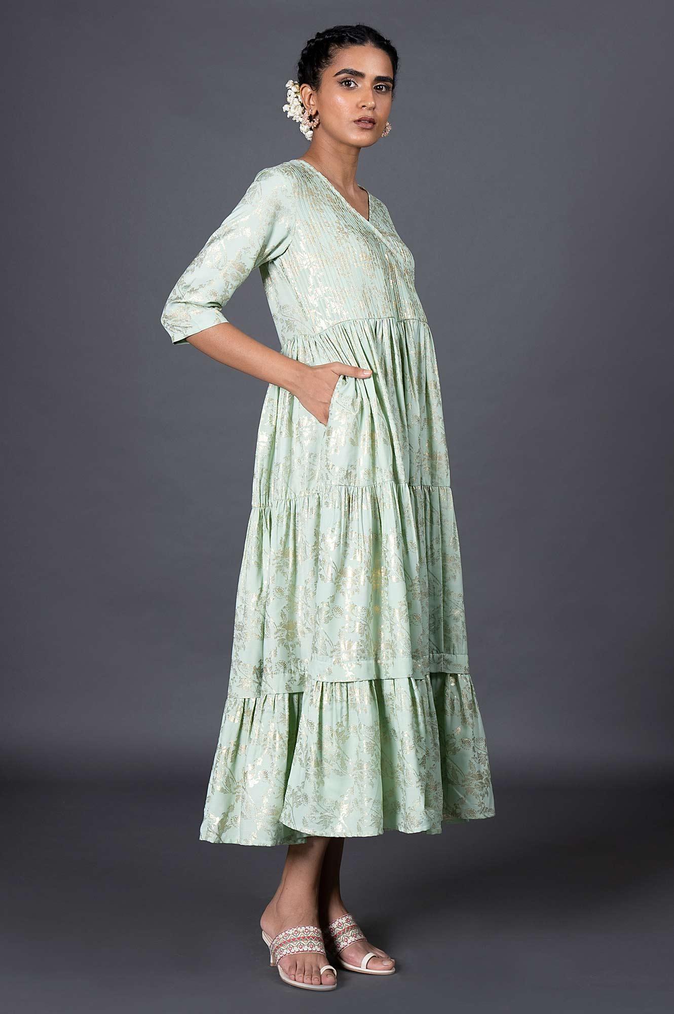 Green Gold Printed Mock Angrakha Dress - Image 4