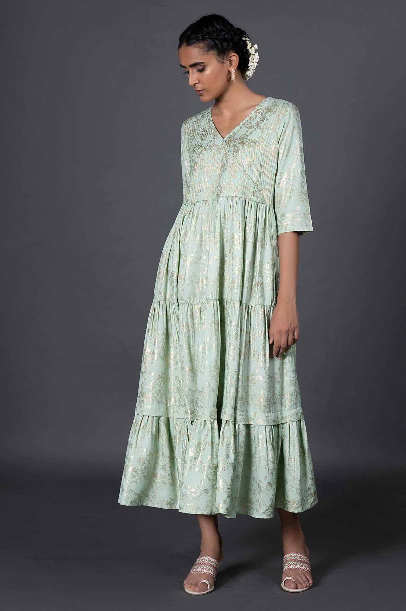 Green Gold Printed Mock Angrakha Dress - Image 5