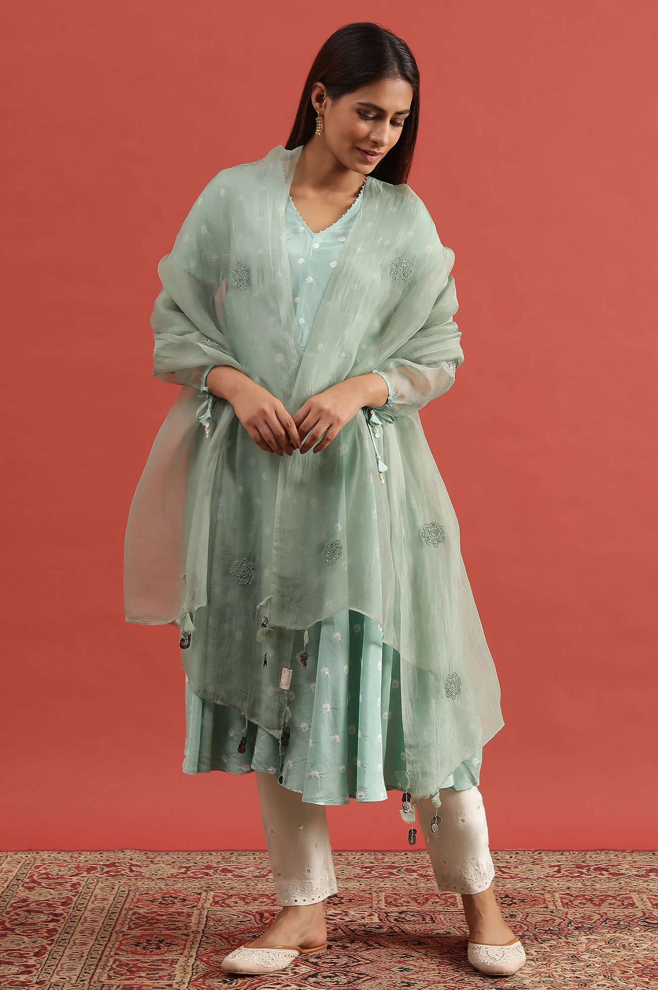 Green Hand Block Print Dress With Organza Sleeves - Image 2