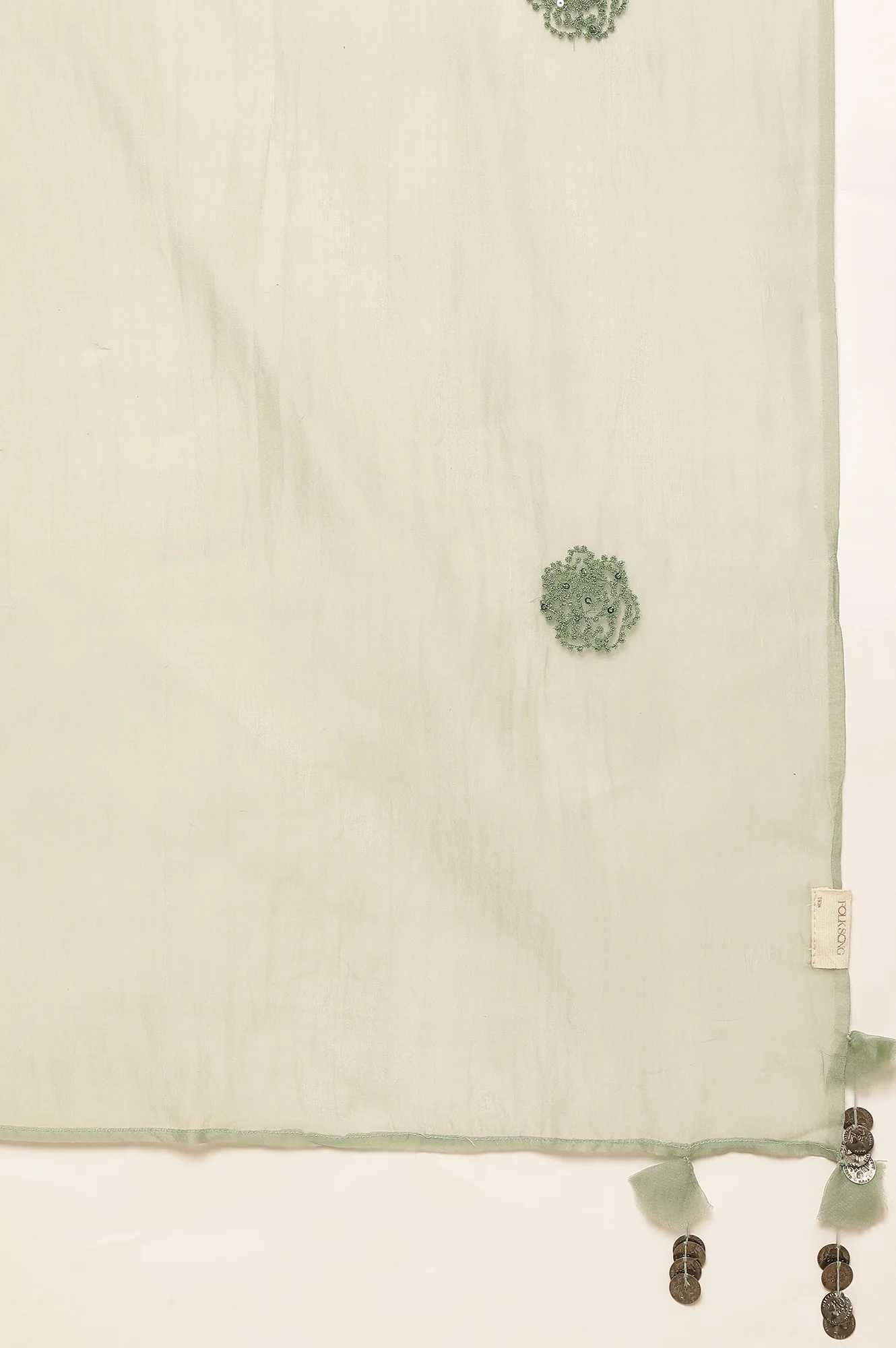 Green Hand Block Print Dress With Organza Sleeves - Image 5