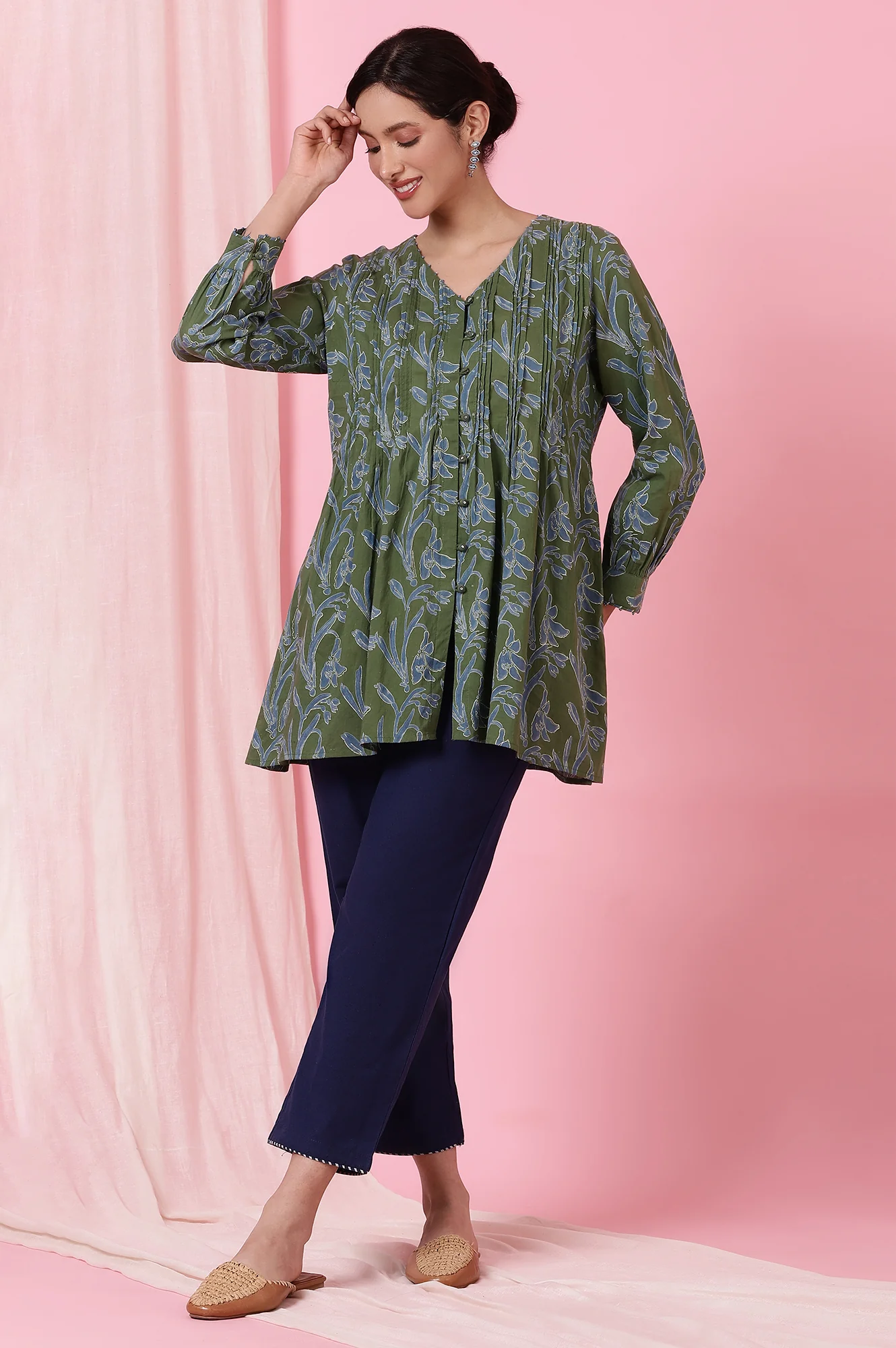 Green Handblock Printed Top in Cotton Voile - Image 2
