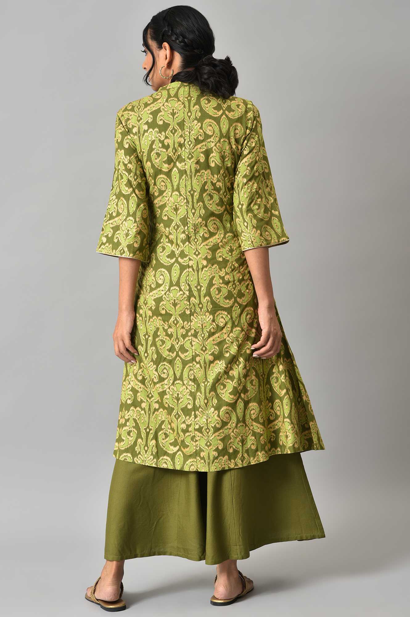 Green Ikkat Printed Jacket with Solid Green Top and Flared Pants Co-ord Set - Image 2