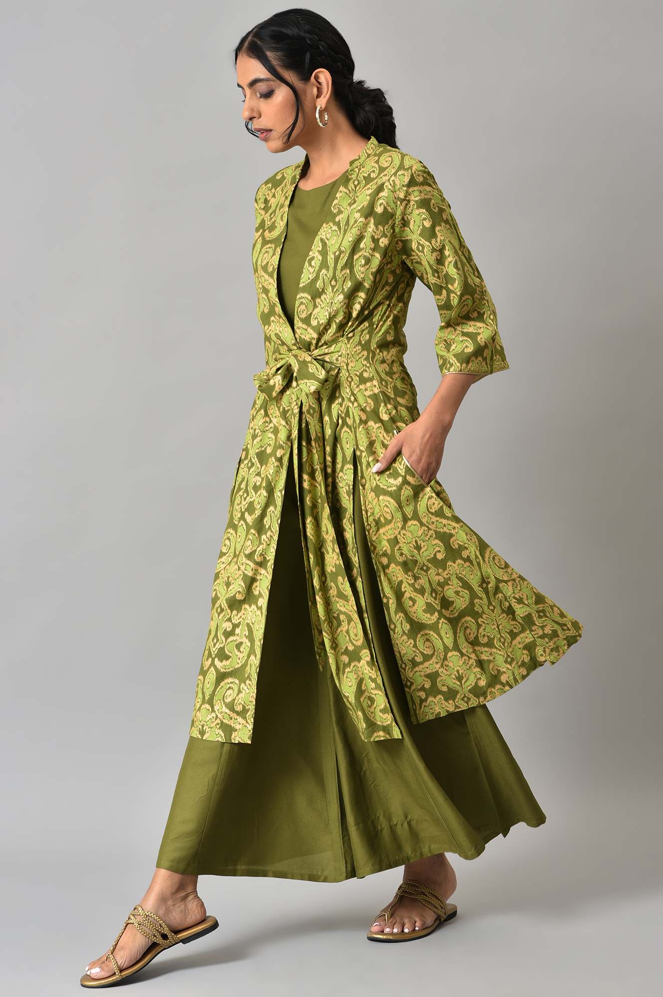 Green Ikkat Printed Jacket with Solid Green Top and Flared Pants Co-ord Set - Image 3