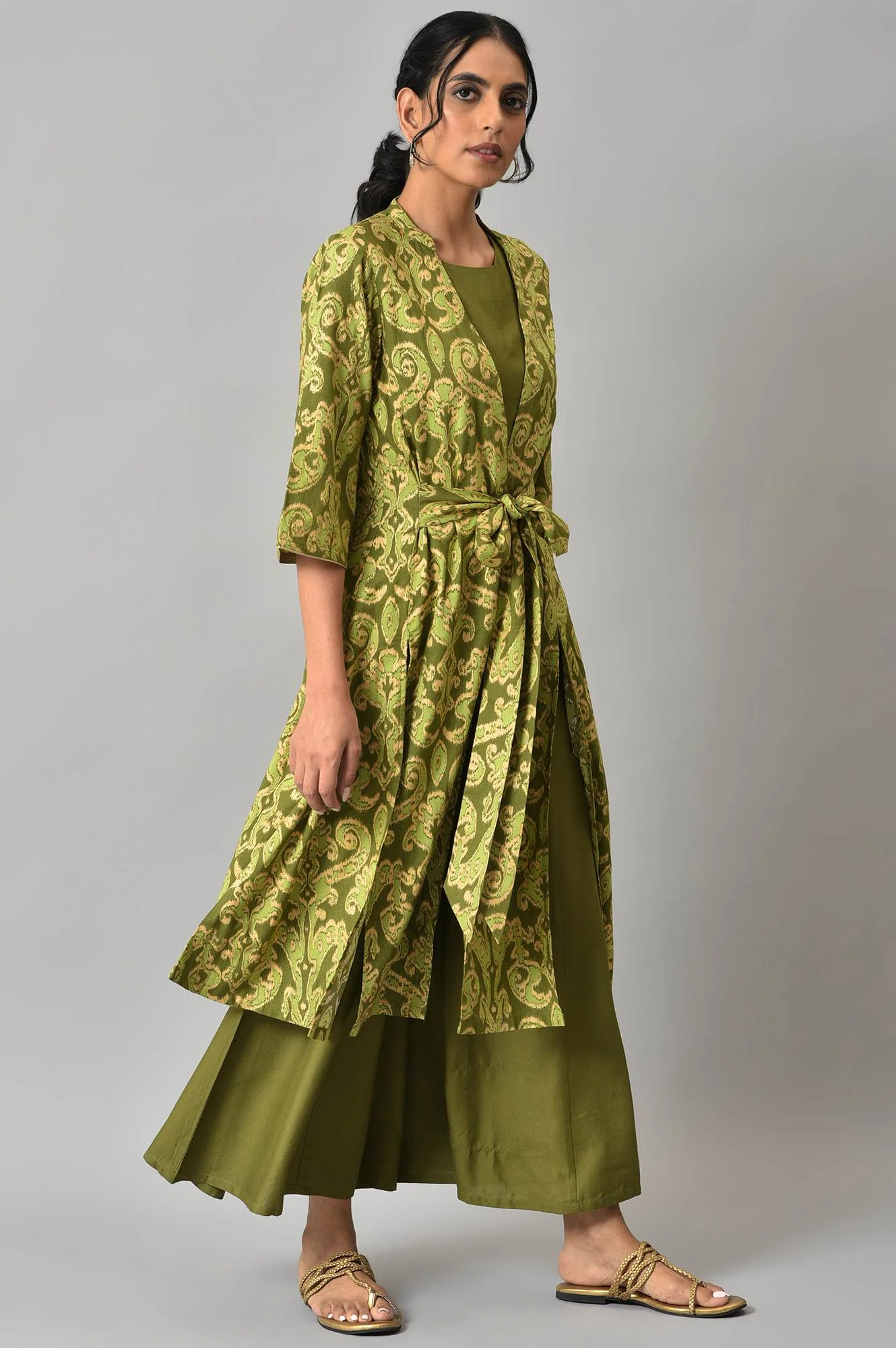 Green Ikkat Printed Jacket with Solid Green Top and Flared Pants Co-ord Set - Image 4