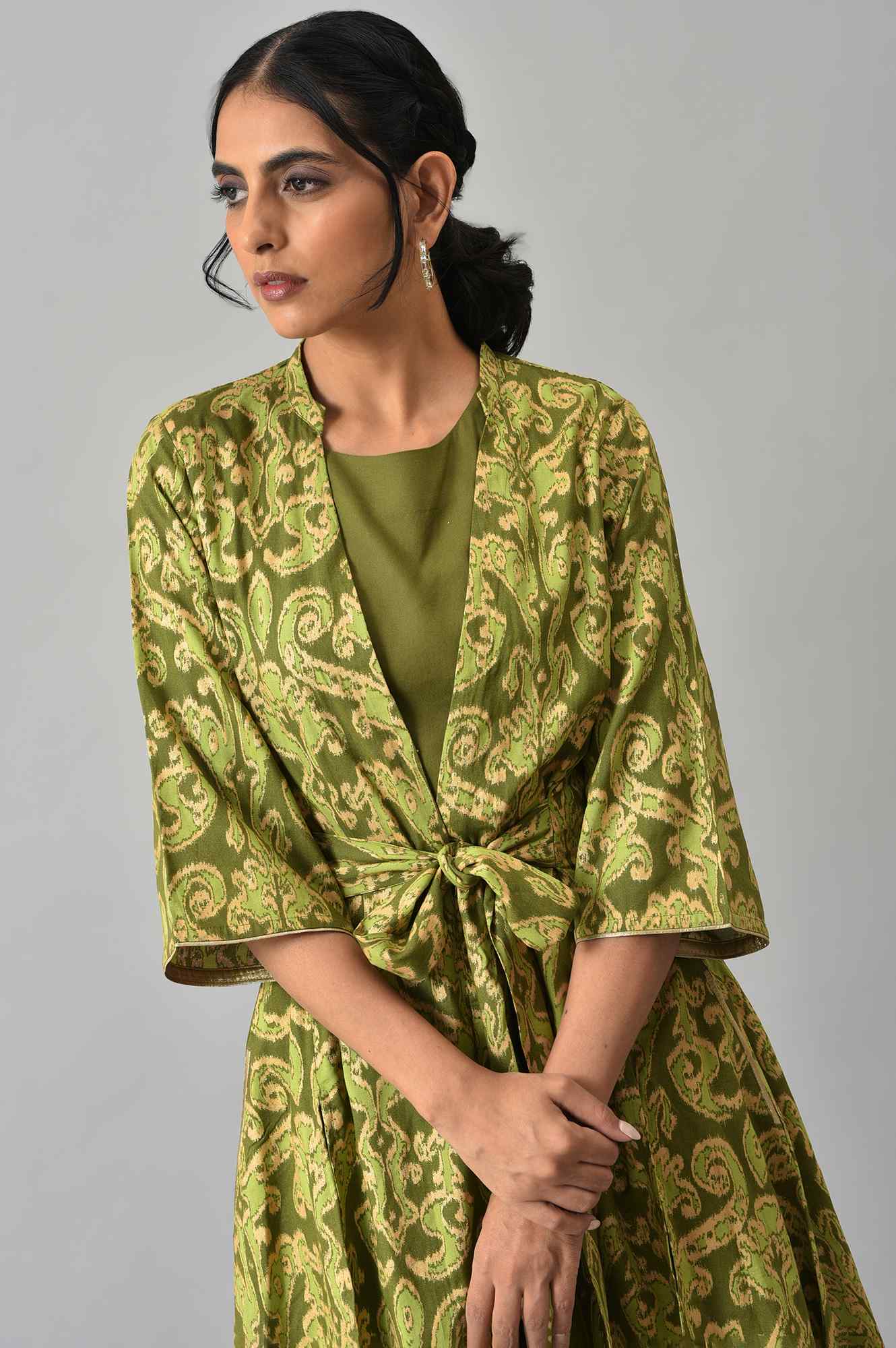 Green Ikkat Printed Jacket with Solid Green Top and Flared Pants Co-ord Set - Image 5