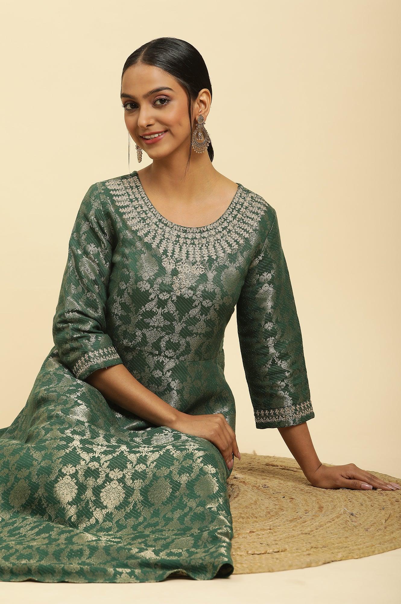 Green Jacquard Embroidered Ethnic Dress