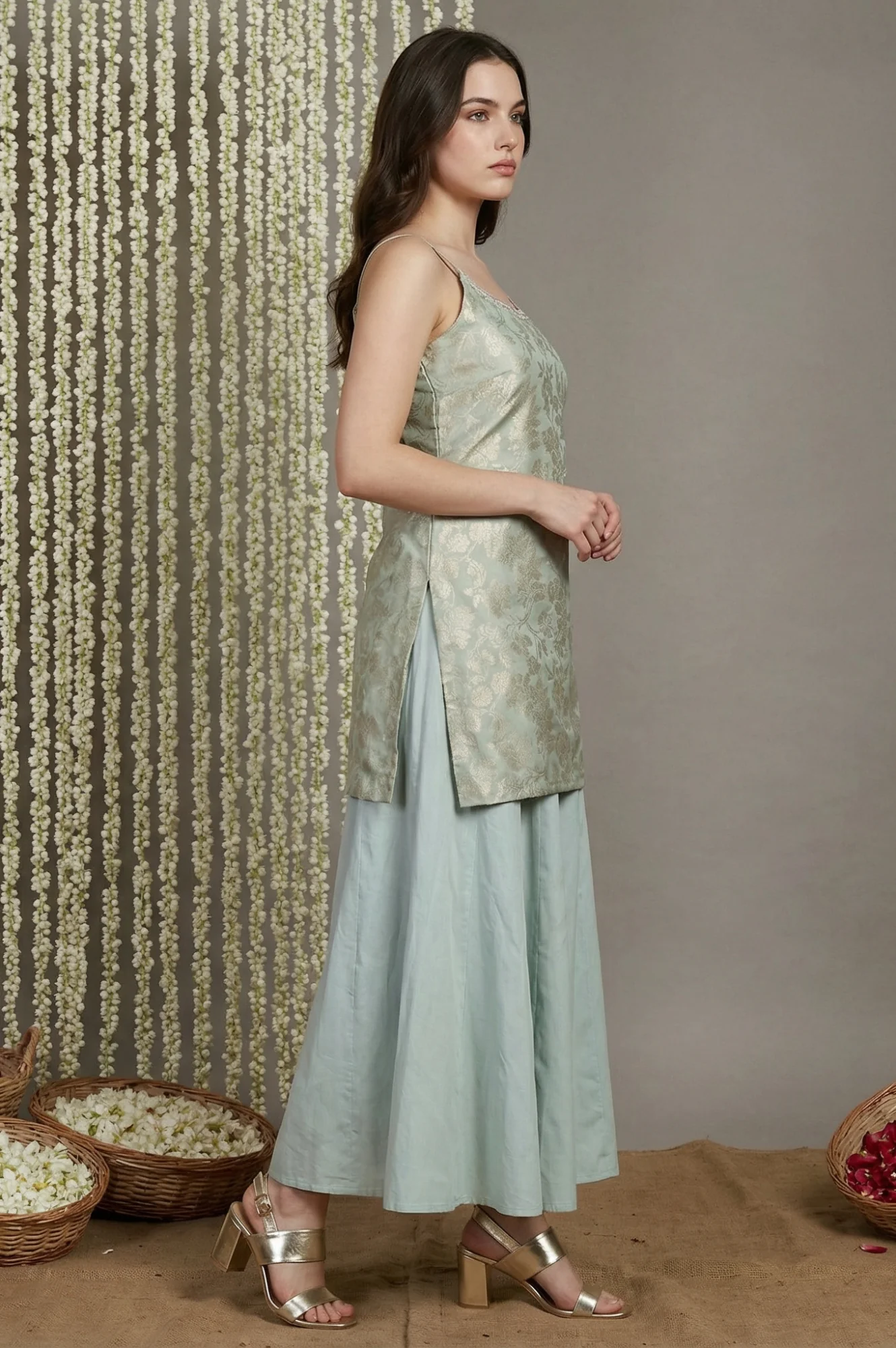 Green Jacquard Zari Straight Kurta with Sharara and Dupatta - Image 5