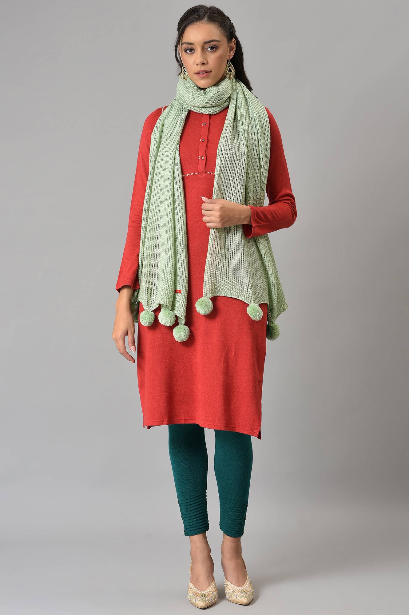 Green Knitted Pom Pom Shawl - Image 3