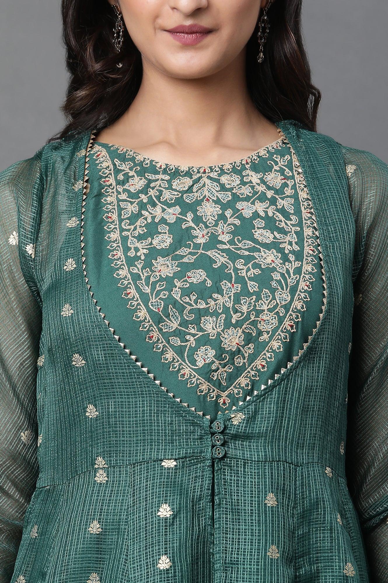 Green Layered Anarkali Kurta and Slim Pant Set - Image 7