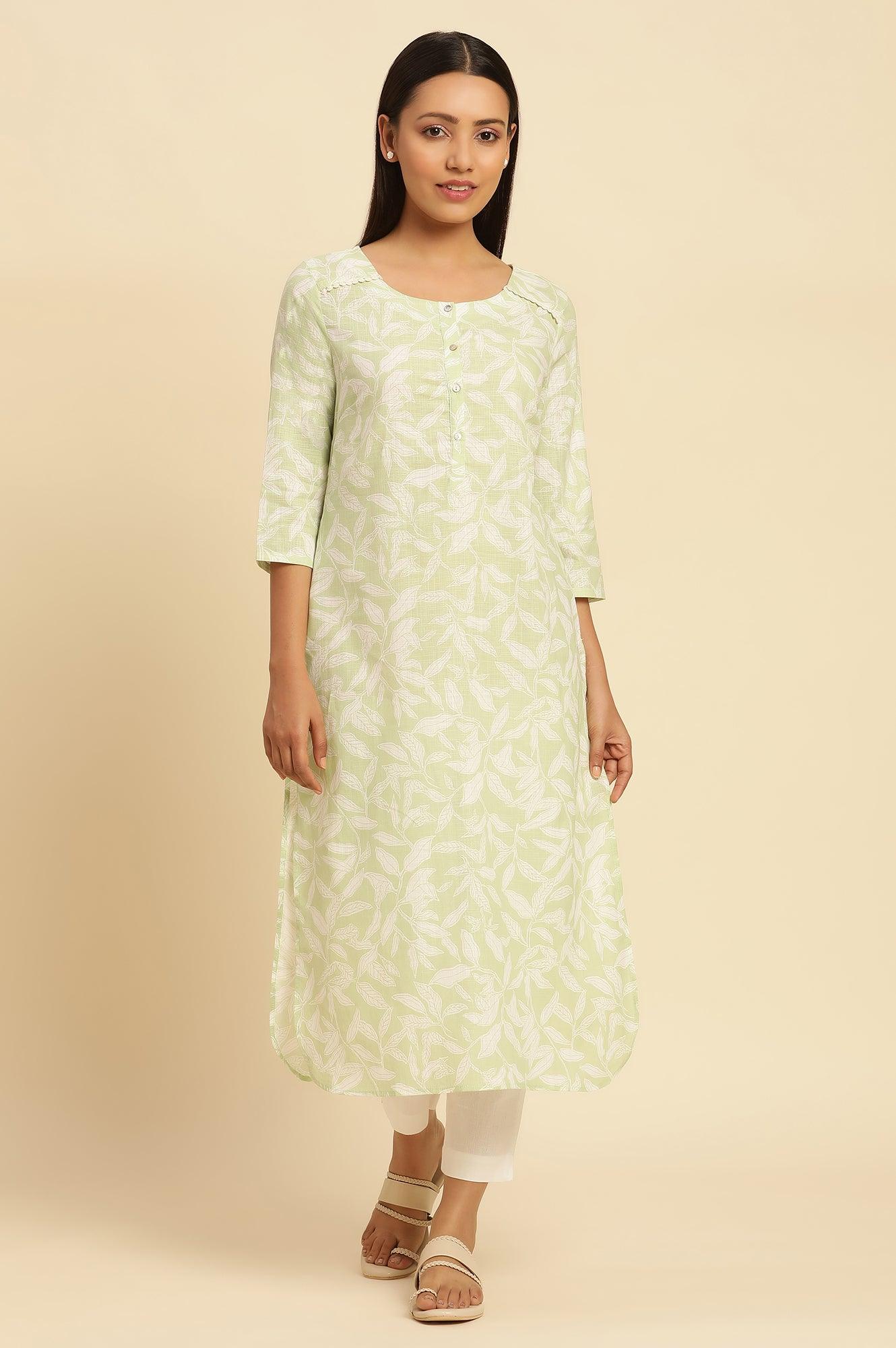 Green Leaf Printed Cotton Kurta - Image 2