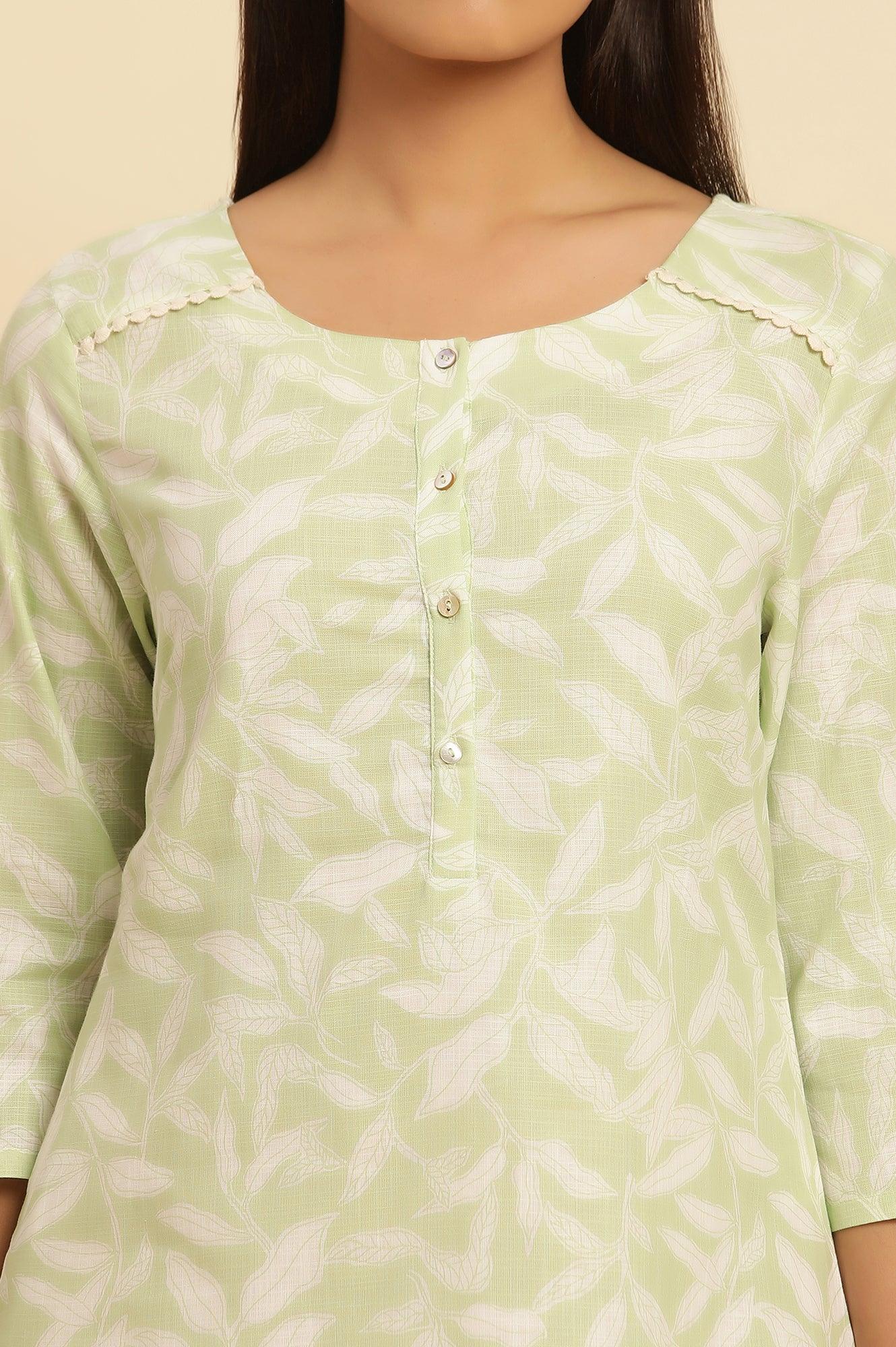 Green Leaf Printed Cotton Kurta - Image 6