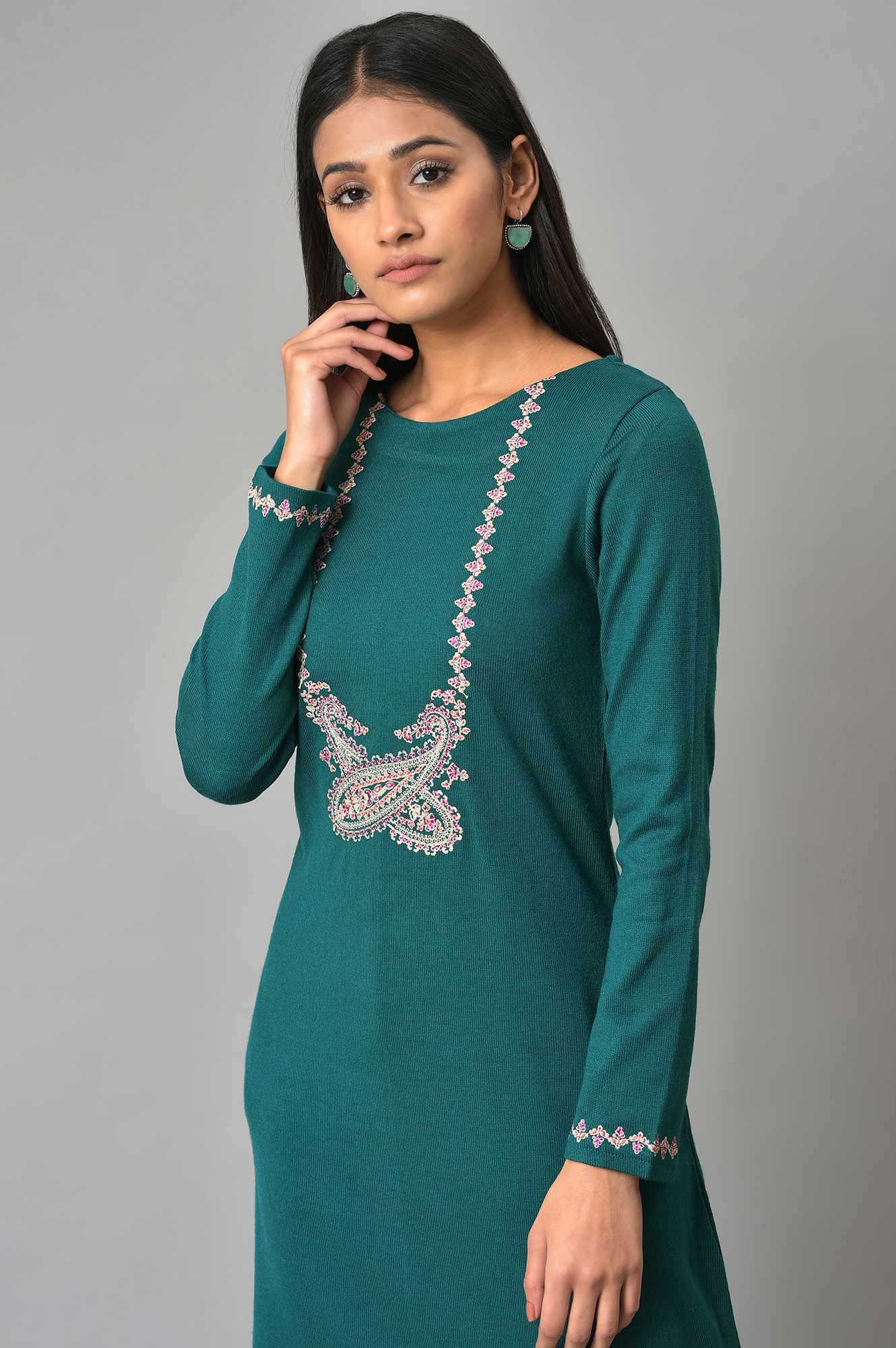 Green Light Festive Embroidered Winter kurta - Image 5