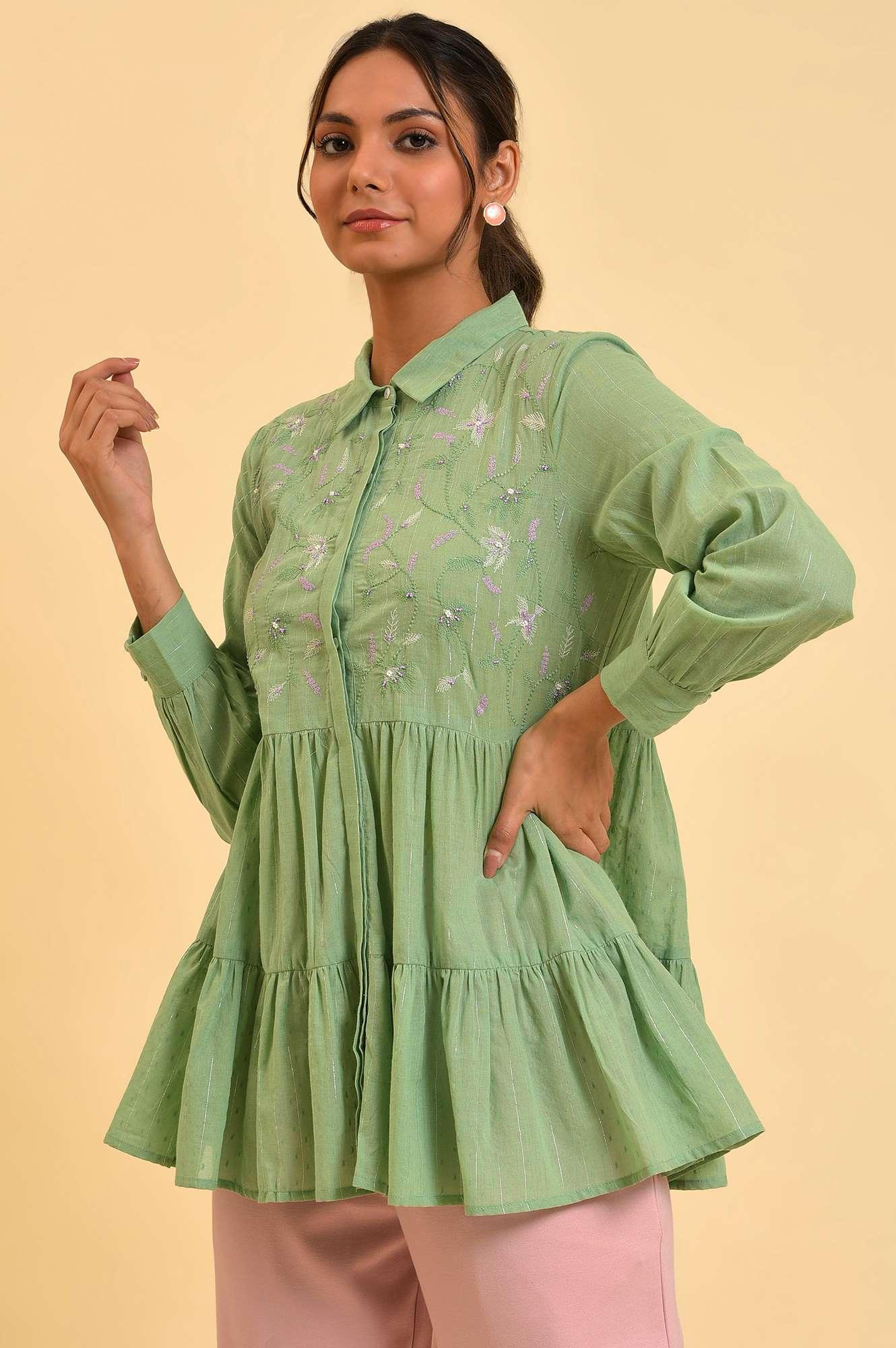 Green Lurex Stripes Embroidered Tiered Top - Image 3