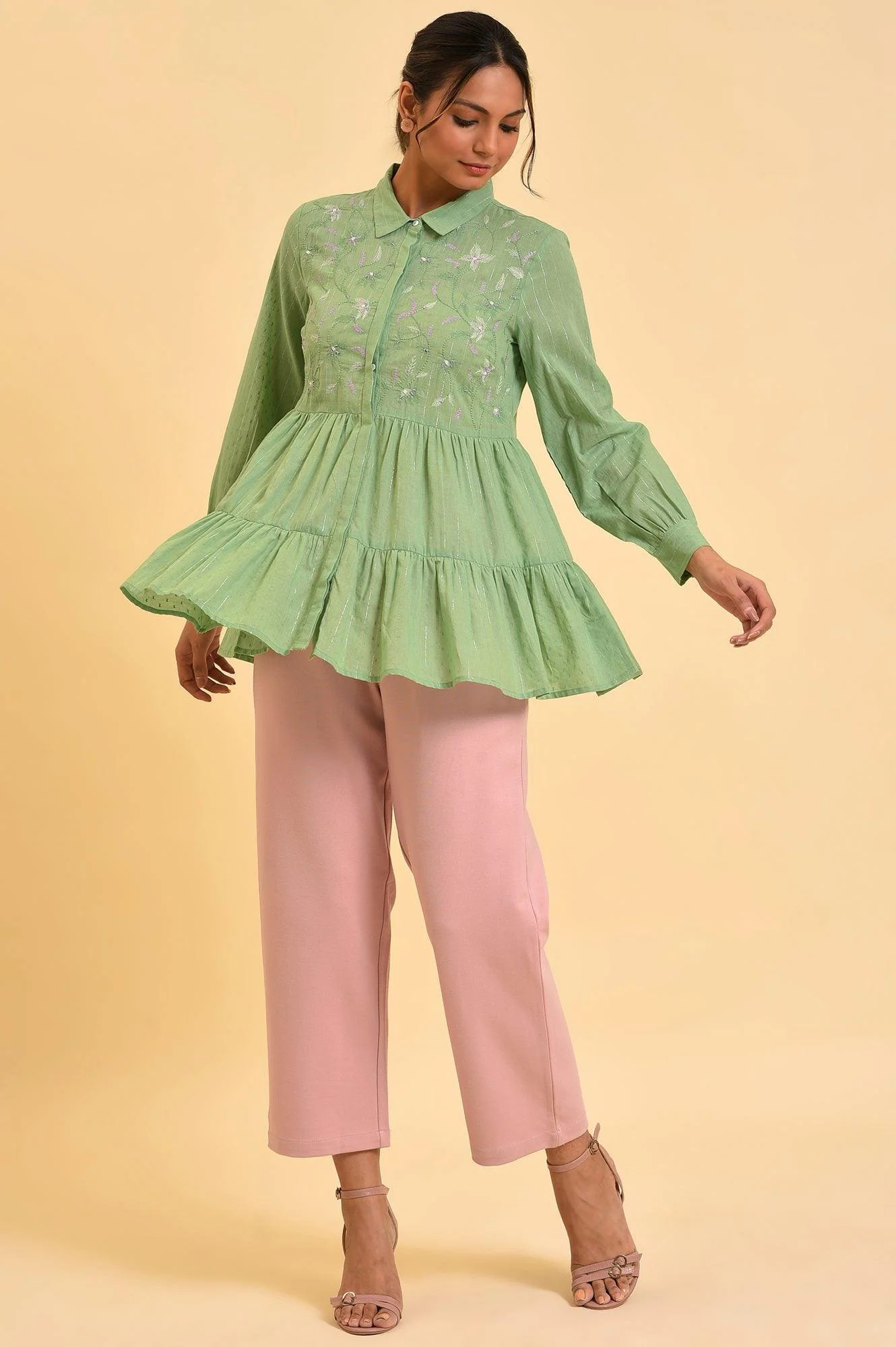 Green Lurex Stripes Embroidered Tiered Top - Image 5
