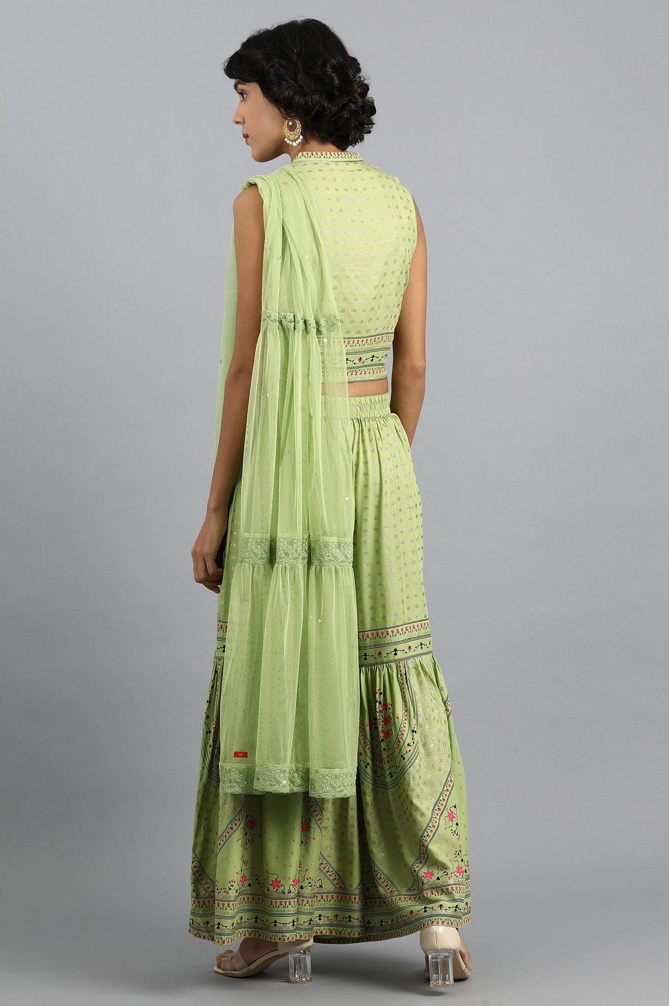 Green Mandarin Neck Sharara Set - Image 5