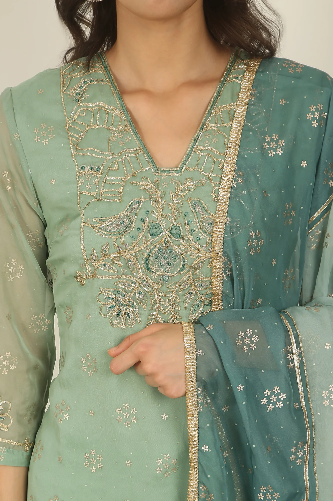 Green Metallic Embroidered Straight Organza Festive Kurta, Pant and Dupatta Set - Image 4