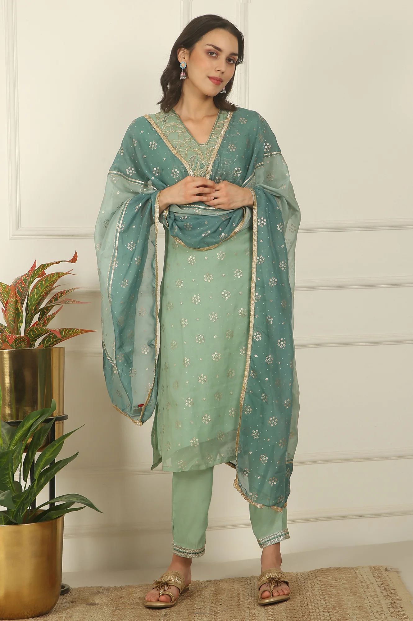 Green Metallic Embroidered Straight Organza Festive Kurta, Pant and Dupatta Set - Image 7