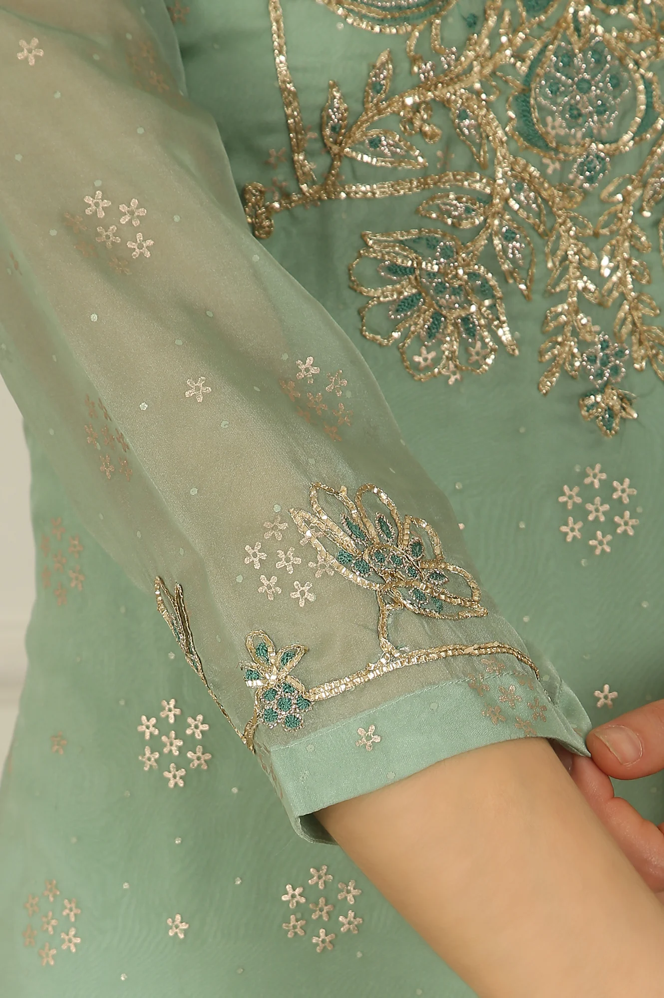 Green Metallic Embroidered Straight Organza Festive Kurta, Pant and Dupatta Set - Image 8