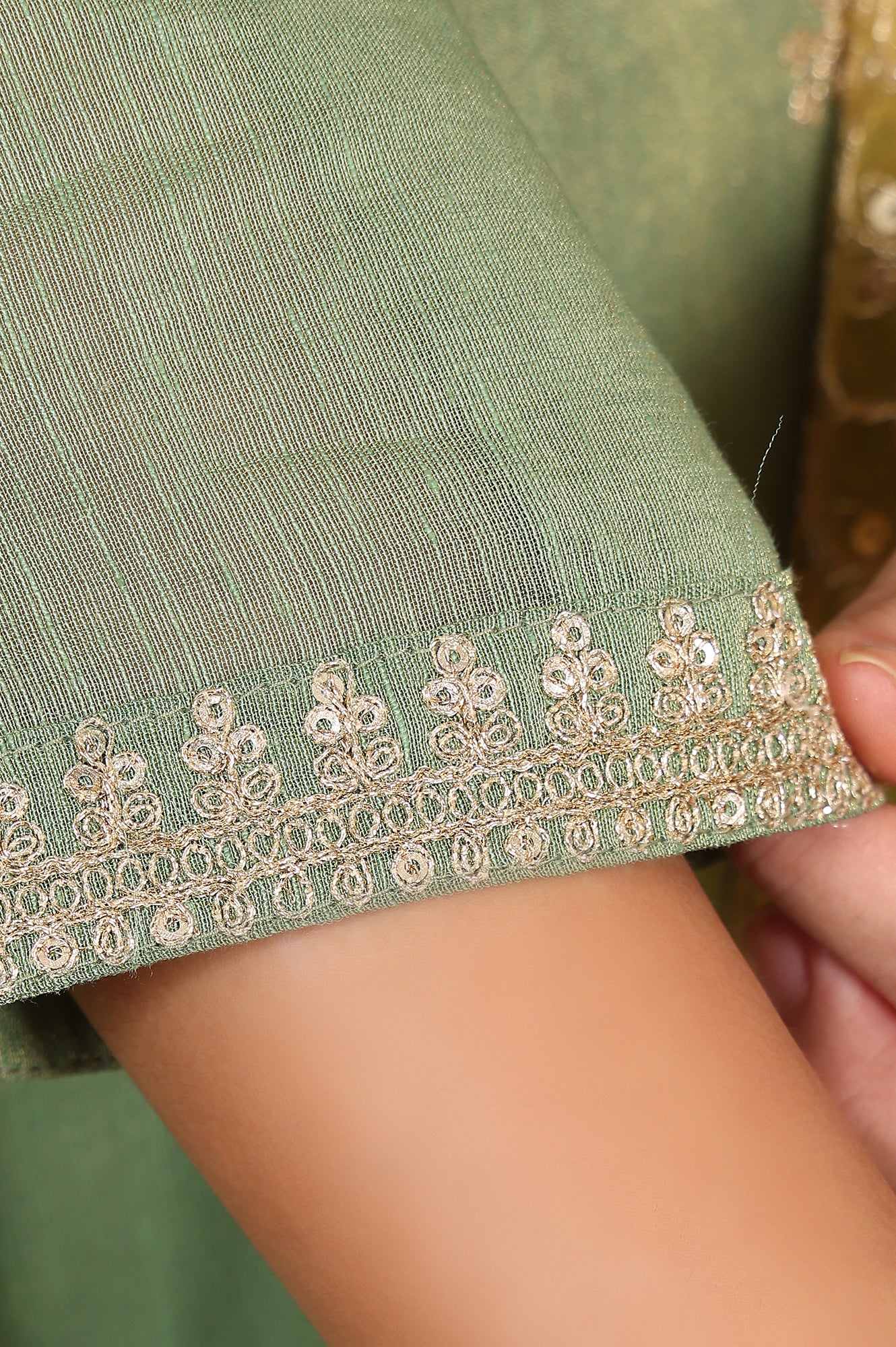 Green Metallic Embroidered Tissue Flared Kurta, Pants And Dupatta Set - Image 8