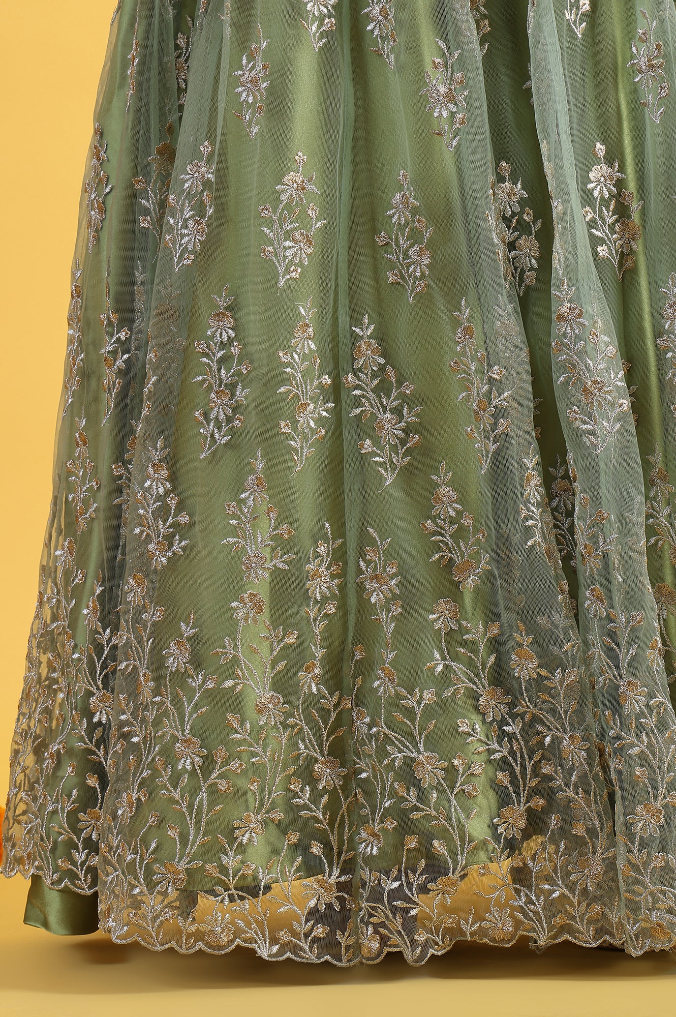 Green Metallic Embroidery Mesh Flared Kurta & Skirt with Dupatta Set - Image 9