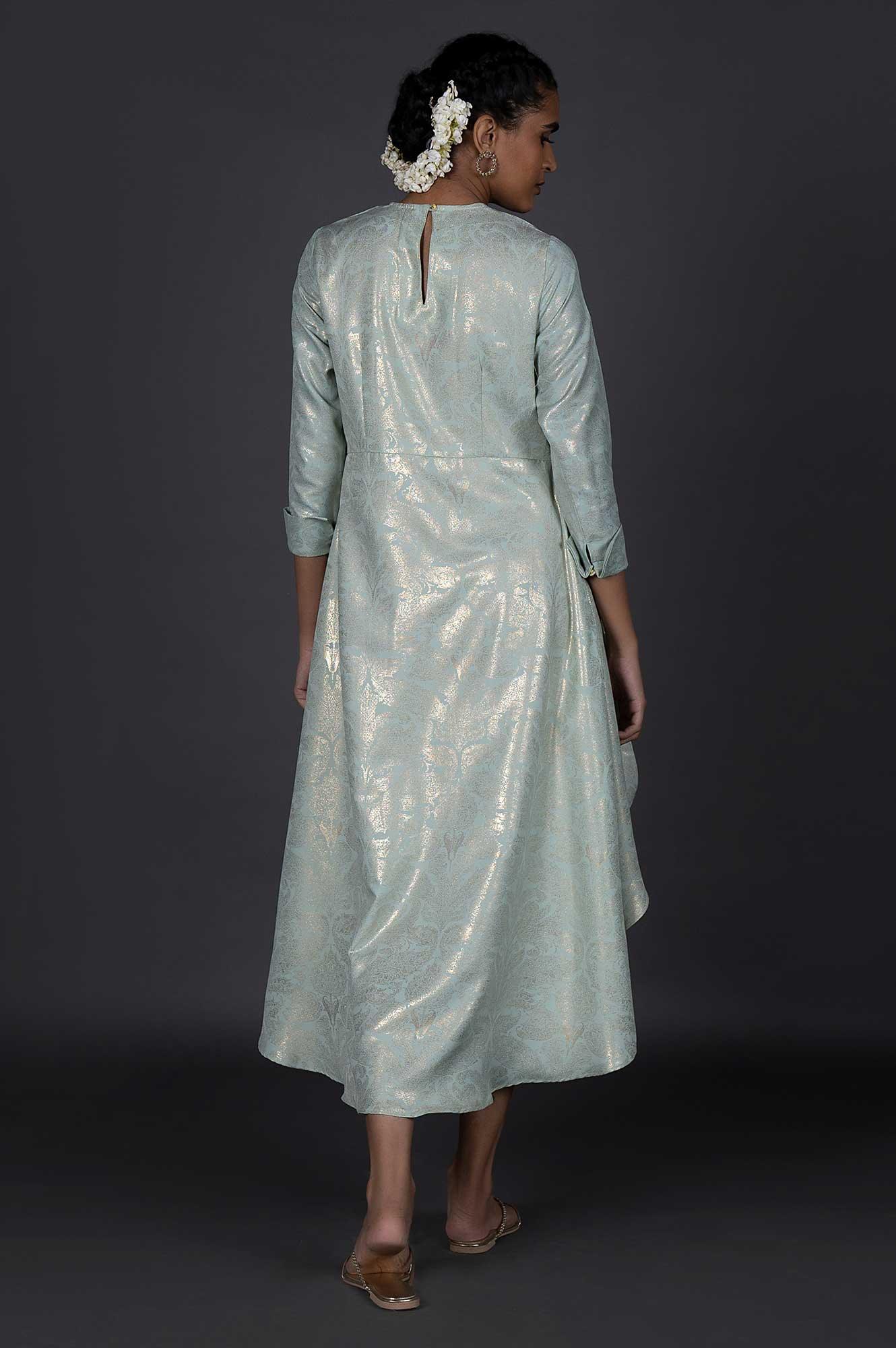 Green Mock Layered Printed Festive Viscose Cowl Dress - Image 2
