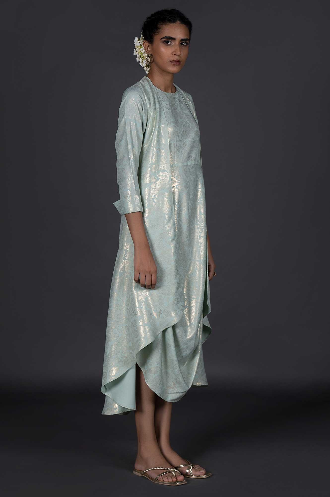 Green Mock Layered Printed Festive Viscose Cowl Dress - Image 4