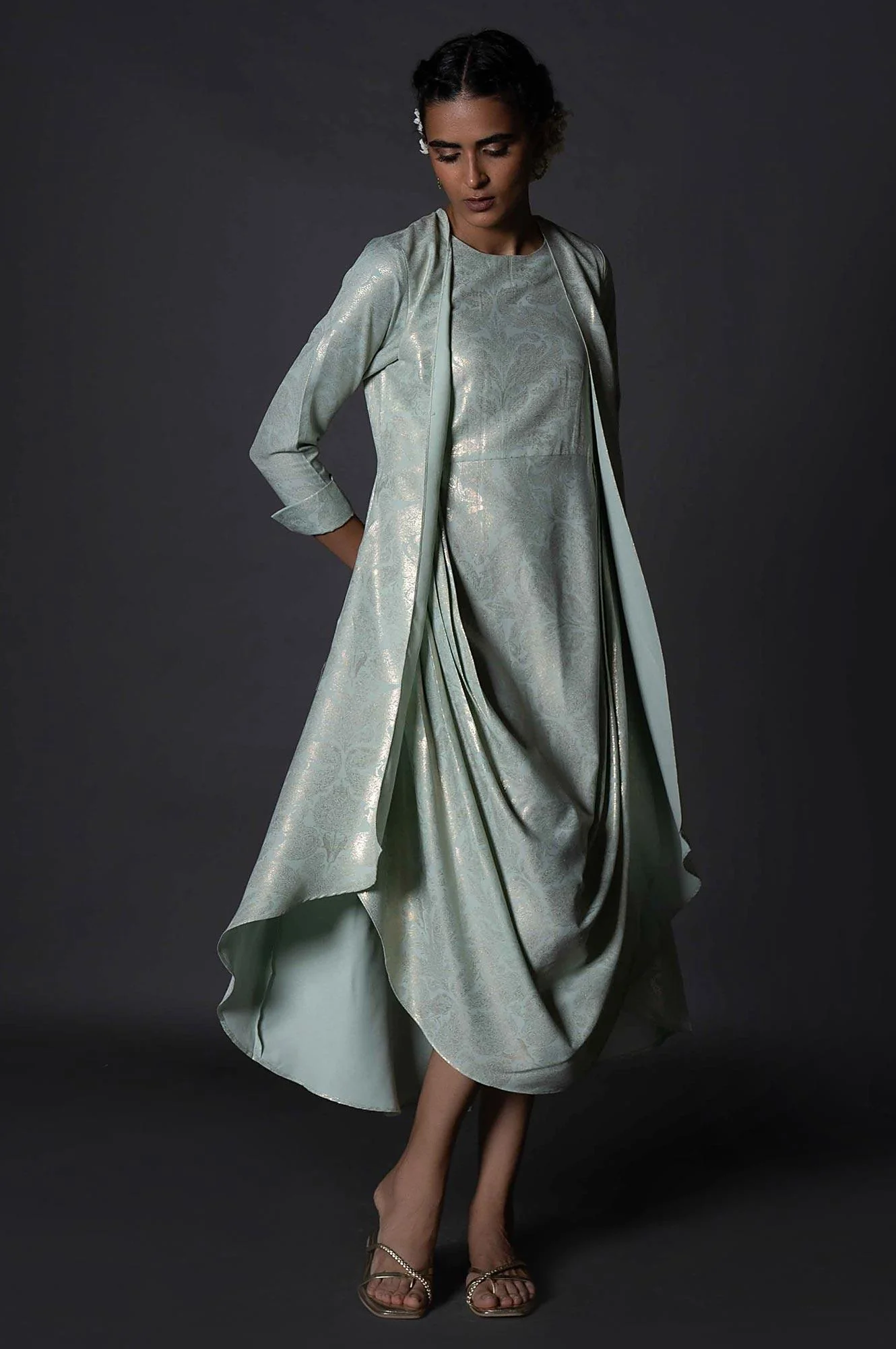 Green Mock Layered Printed Festive Viscose Cowl Dress - Image 5