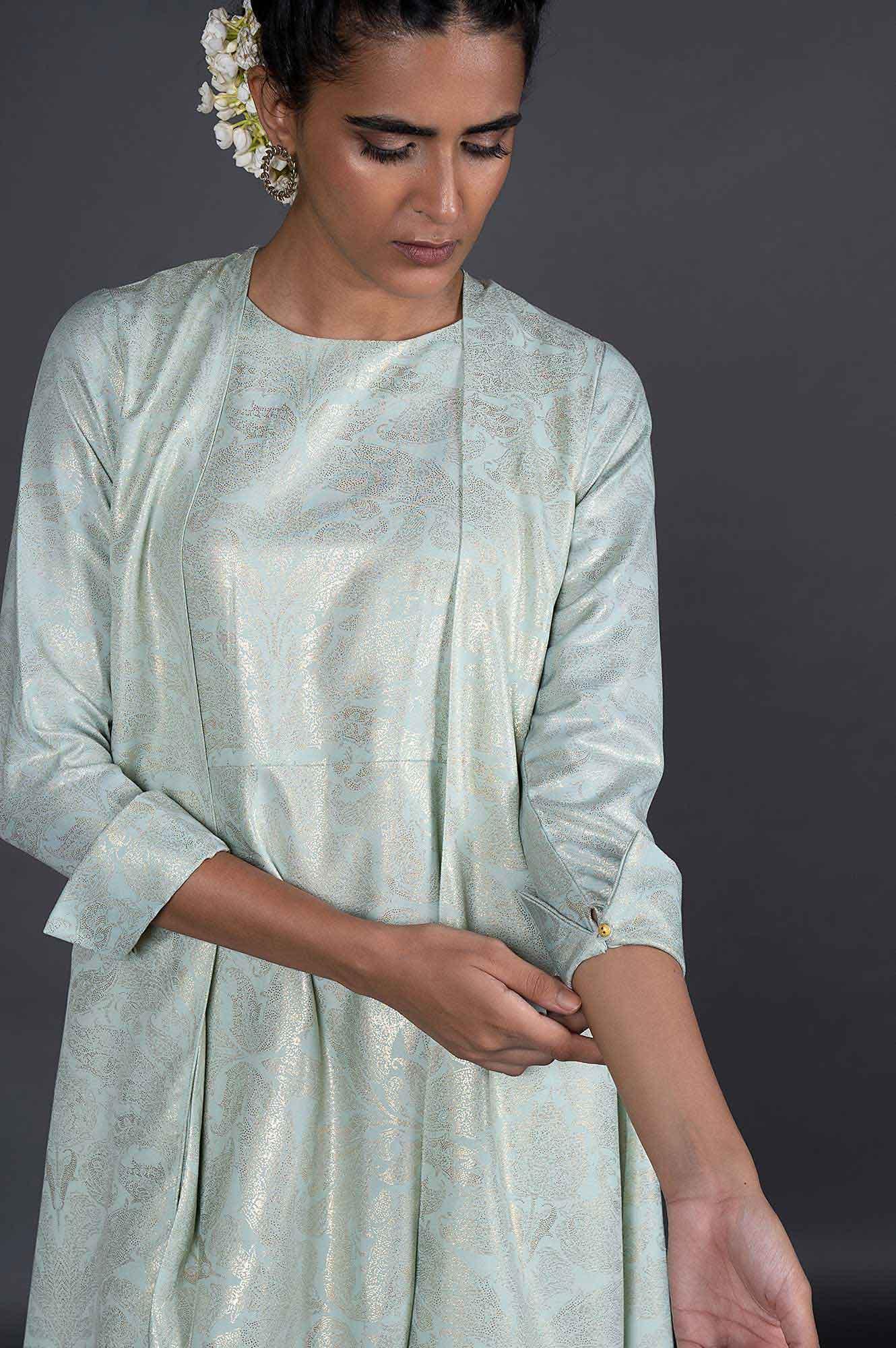 Green Mock Layered Printed Festive Viscose Cowl Dress - Image 8