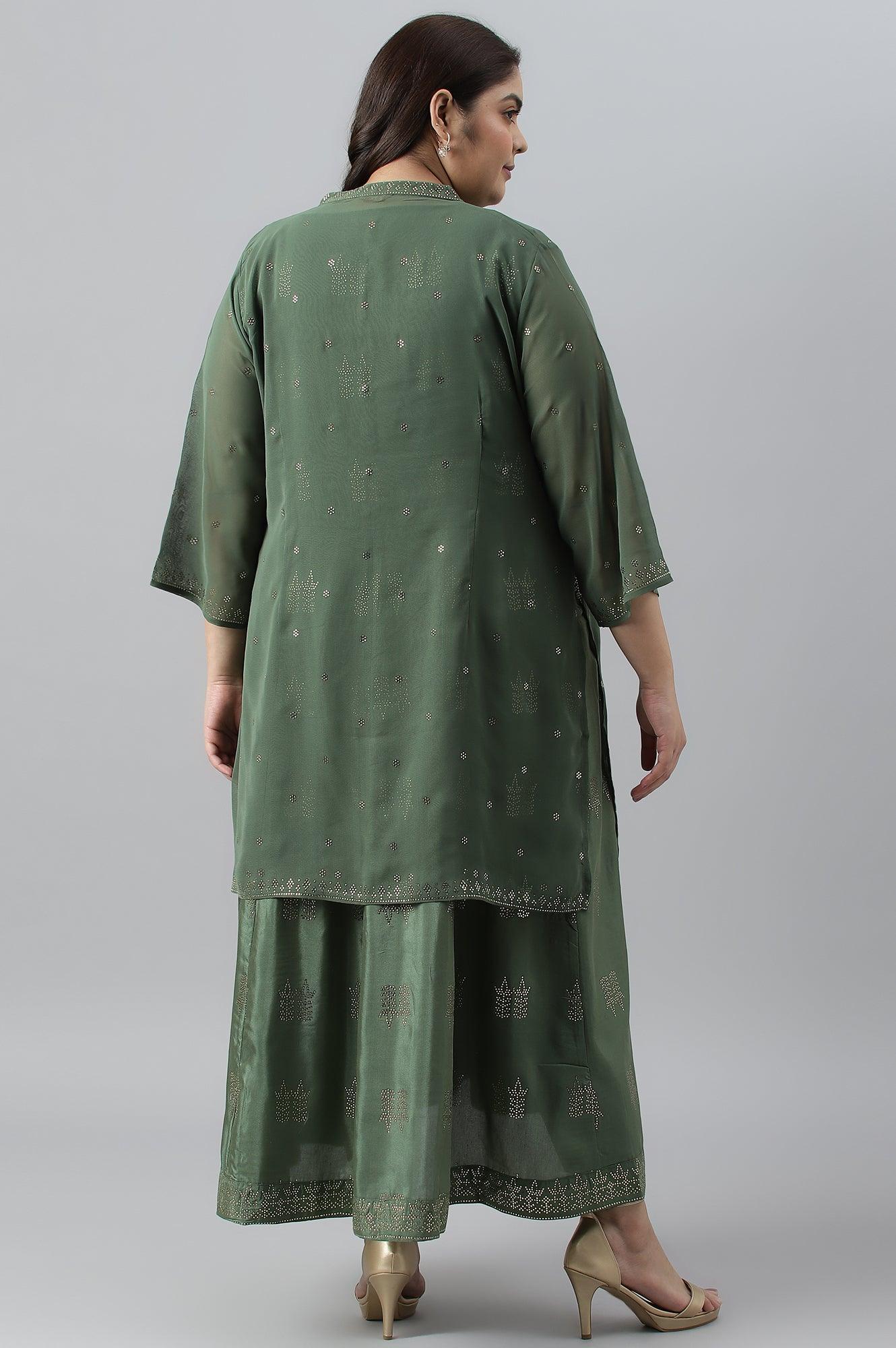 Green Mukaish Dress With Poly Georgette Short Jacket - Image 3
