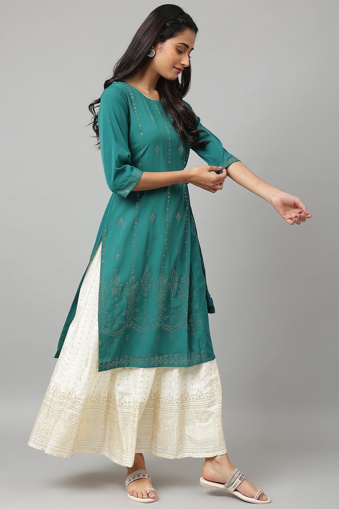 Green Mukaish Printed Layered kurta - Image 6