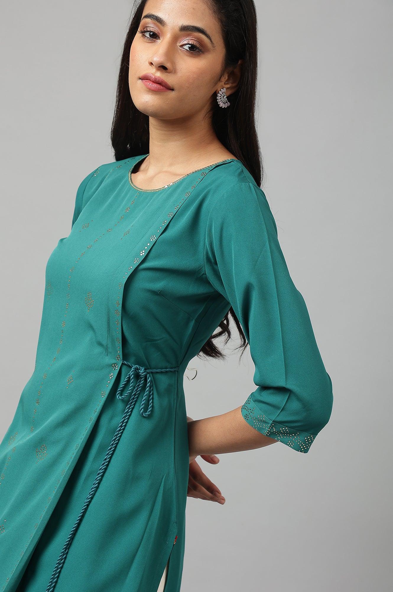 Green Mukaish Printed Layered kurta - Image 9