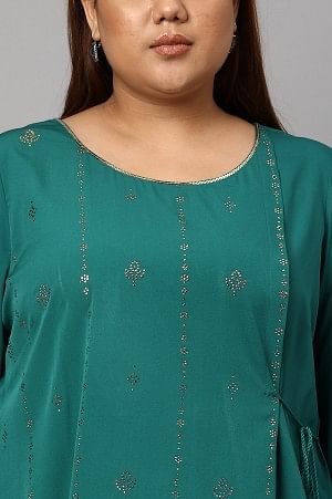 Green Mukaish Printed Layered Plus Size kurta with Gold Embroidered Slim Pants - Image 4