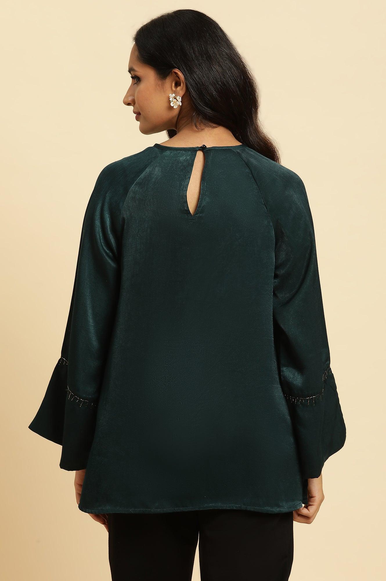 Green Neck Cutout Embellished Shirt - Image 3