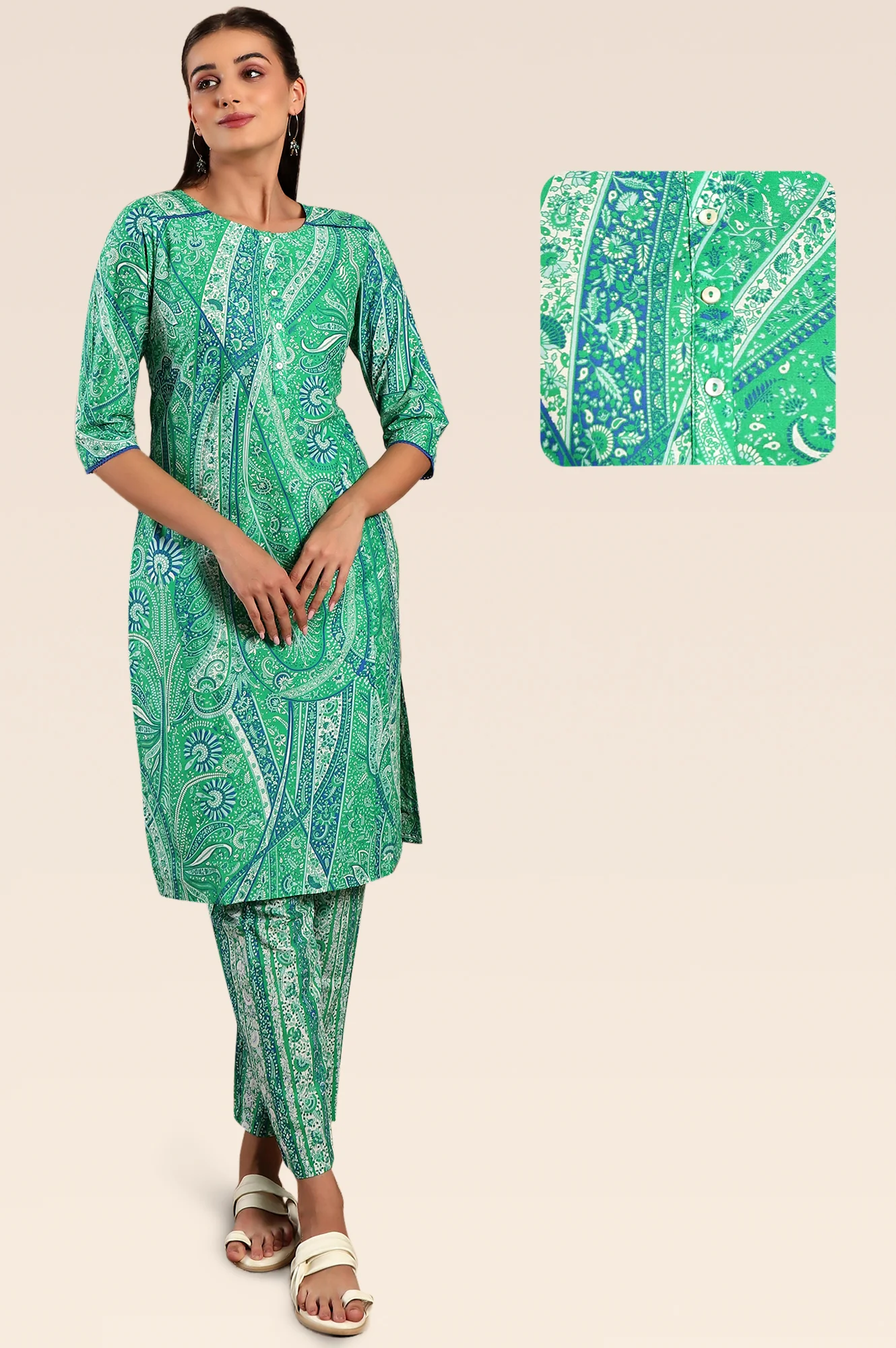 Green Paisley Print Play Pure Cotton Straight Kurta and Straight Pants Co-ord Set - Image 2