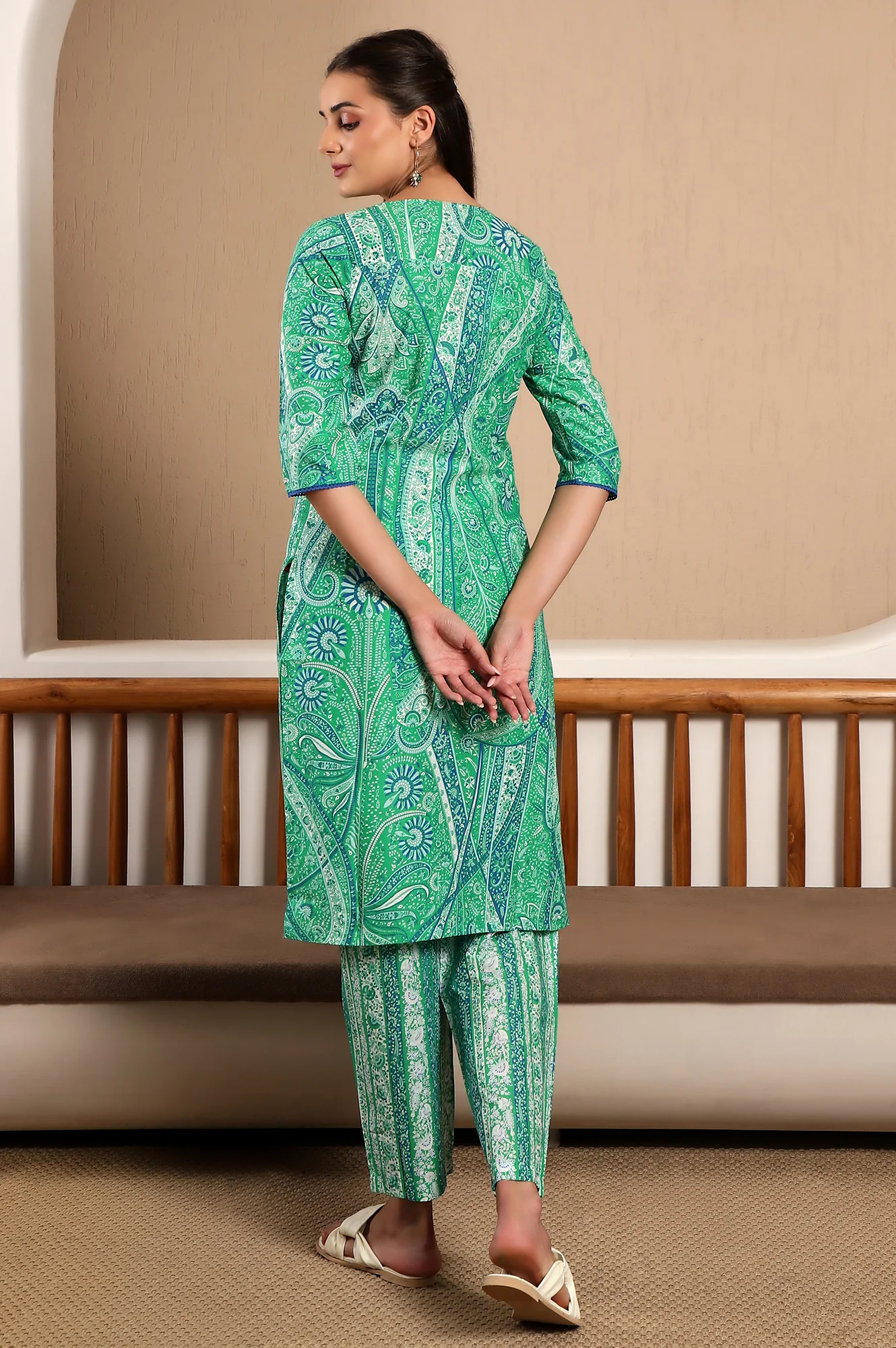 Green Paisley Print Play Pure Cotton Straight Kurta and Straight Pants Co-ord Set - Image 7