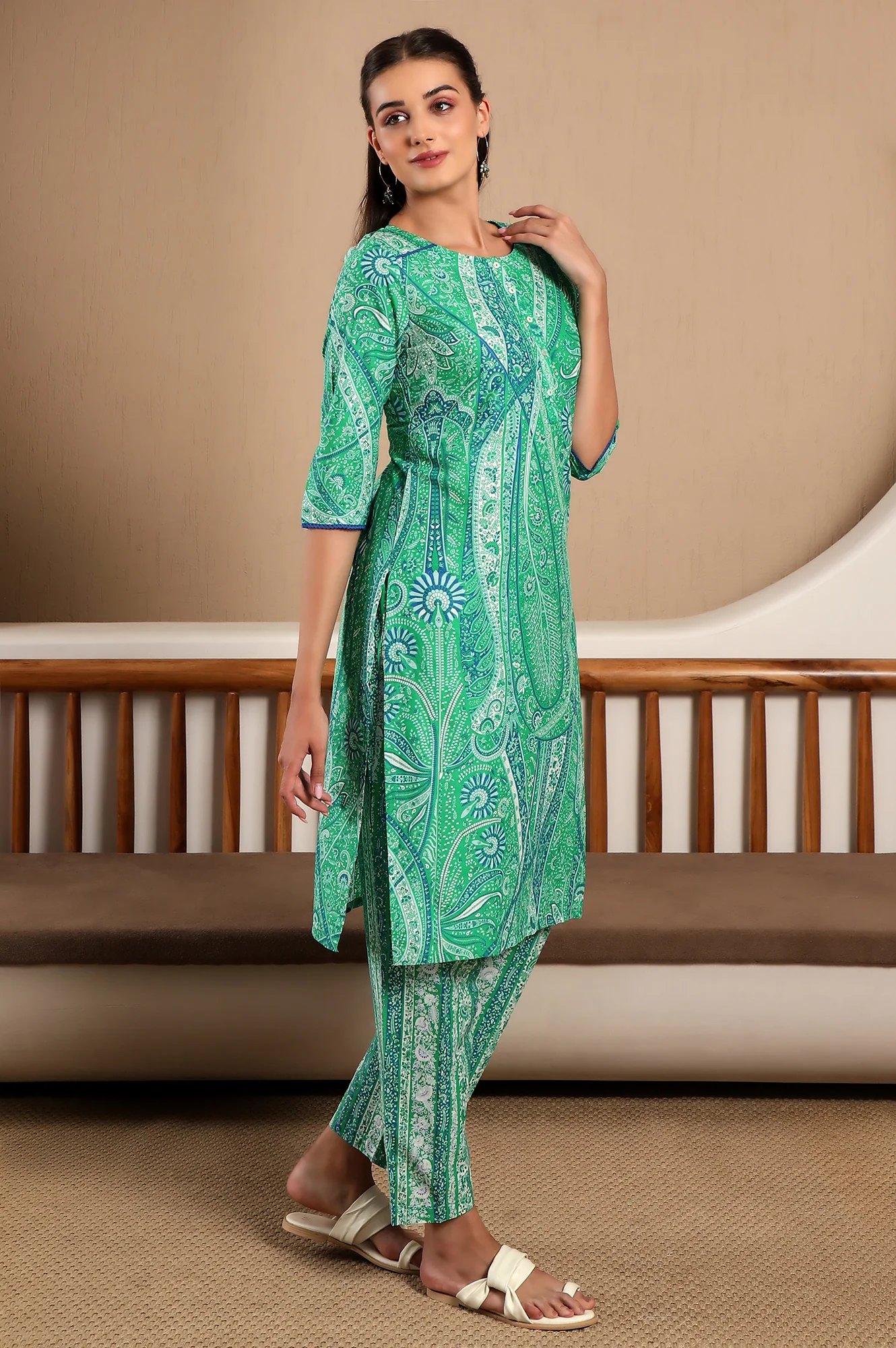 Green Paisley Print Play Pure Cotton Straight Kurta and Straight Pants Co-ord Set - Image 8
