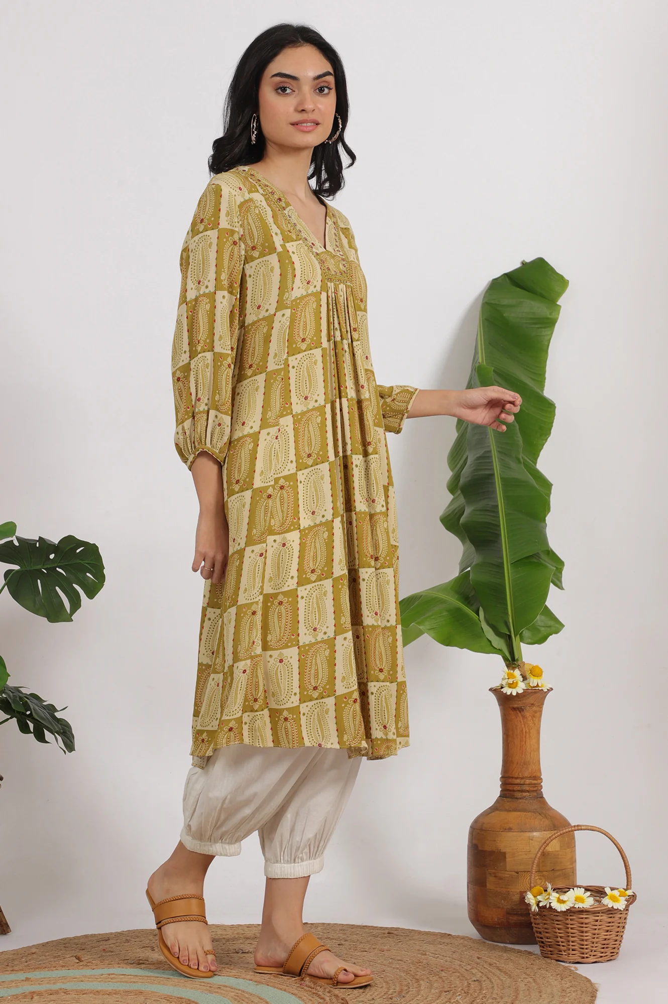 Green Paisley Printed Cotton Crepe Kurta with Mirror Embroidery - Image 7