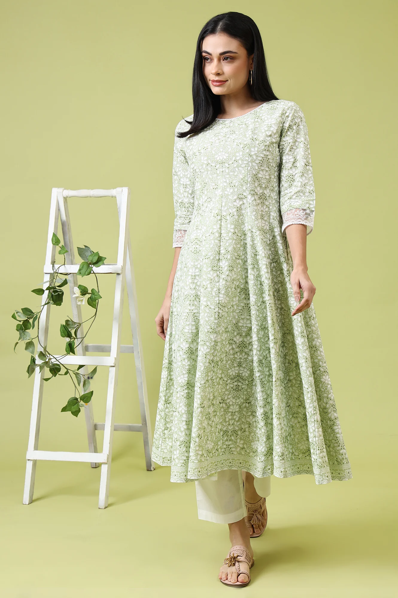 Green Paisley Printed Pure Cotton Anarkali Kurta and Pants Set - Image 2