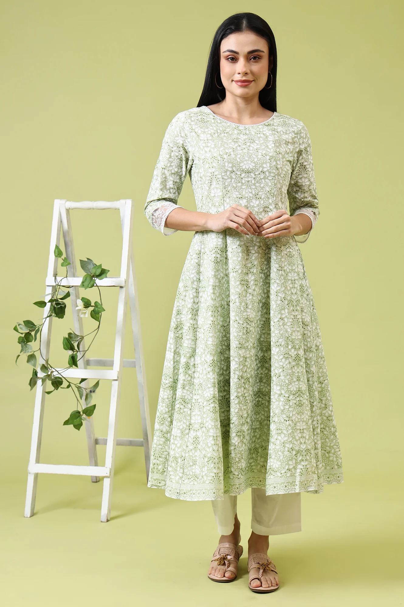 Green Paisley Printed Pure Cotton Anarkali Kurta and Pants Set - Image 3