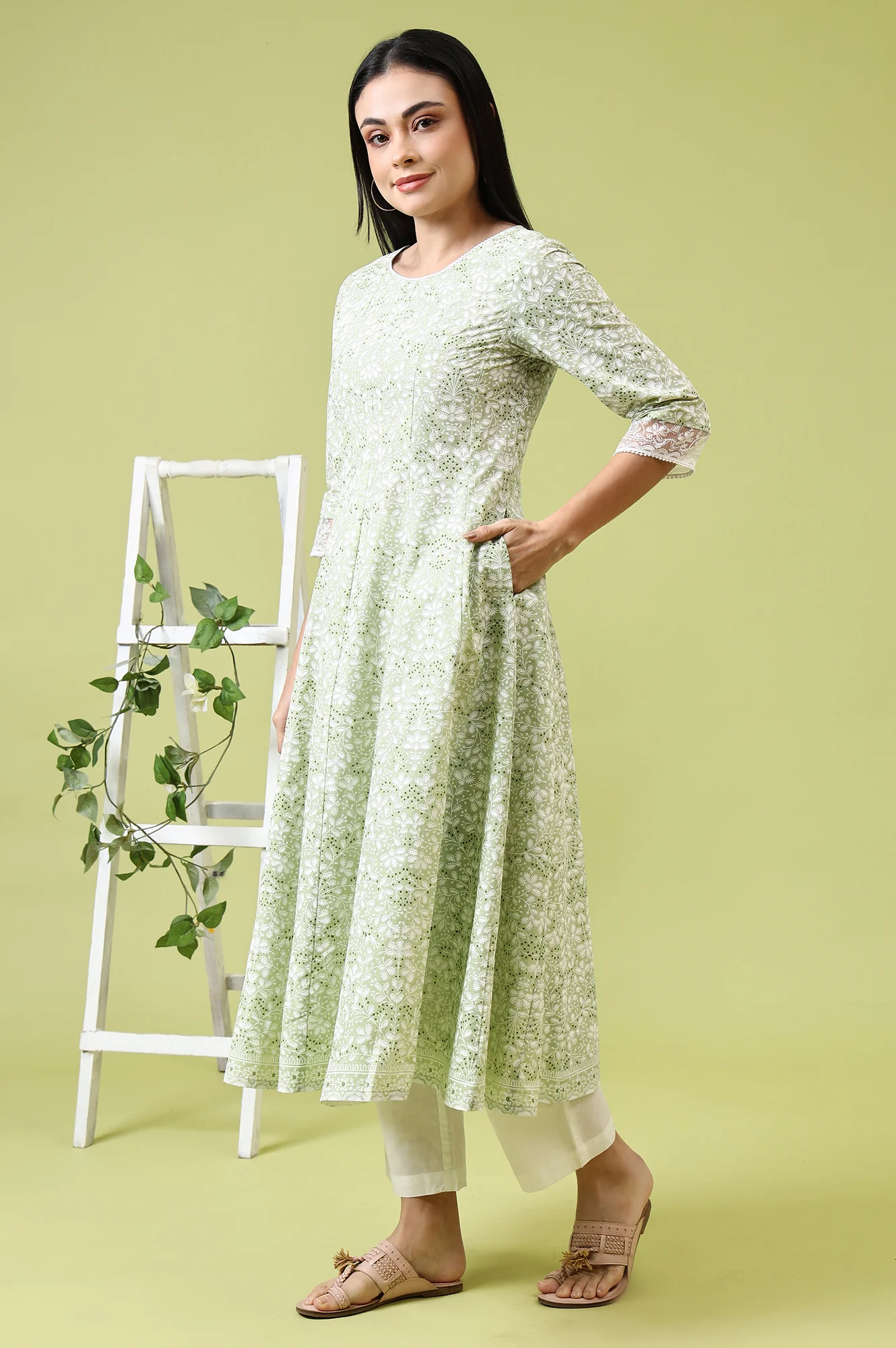 Green Paisley Printed Pure Cotton Anarkali Kurta and Pants Set - Image 4
