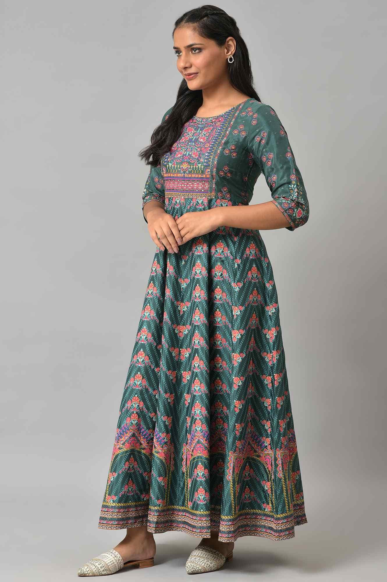 Green Panelled Festive Printed Dress - Image 3