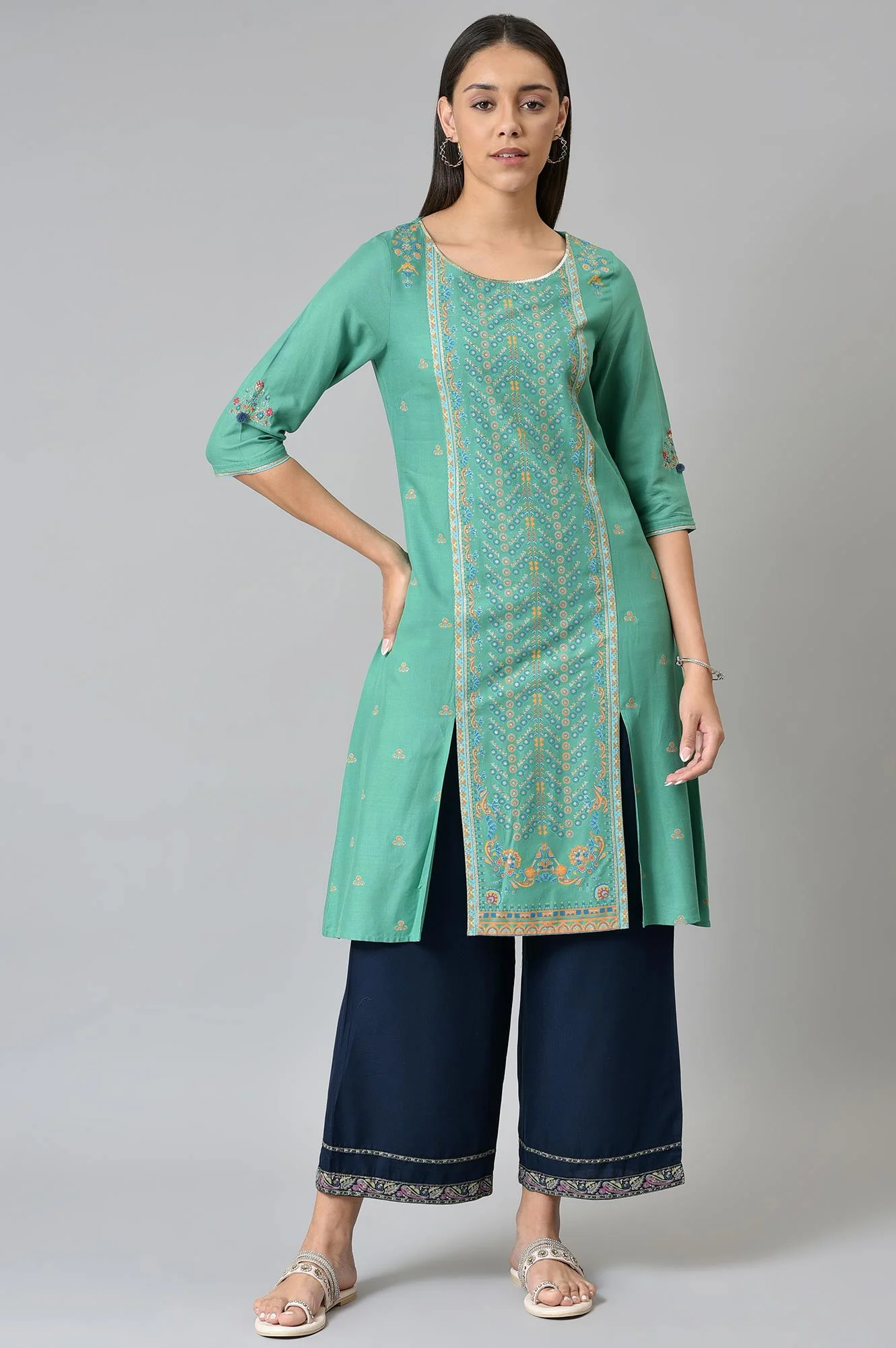 Green Placement Print Festive kurta - Image 2