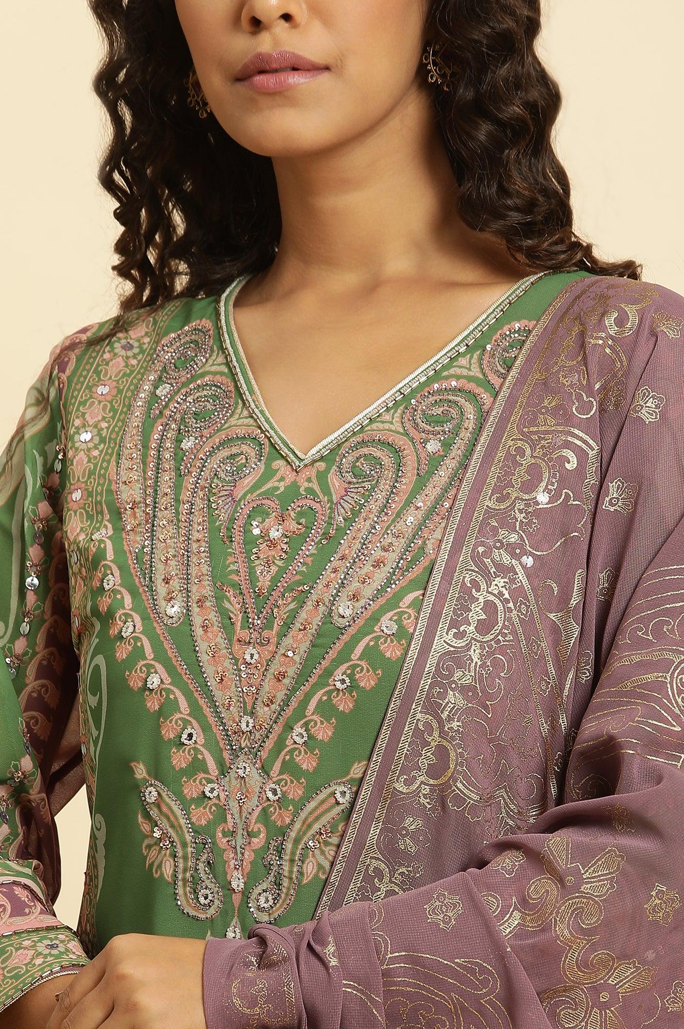 Green Placement Printed Georgette Kurta, Pants And Dupatta Set - Image 6