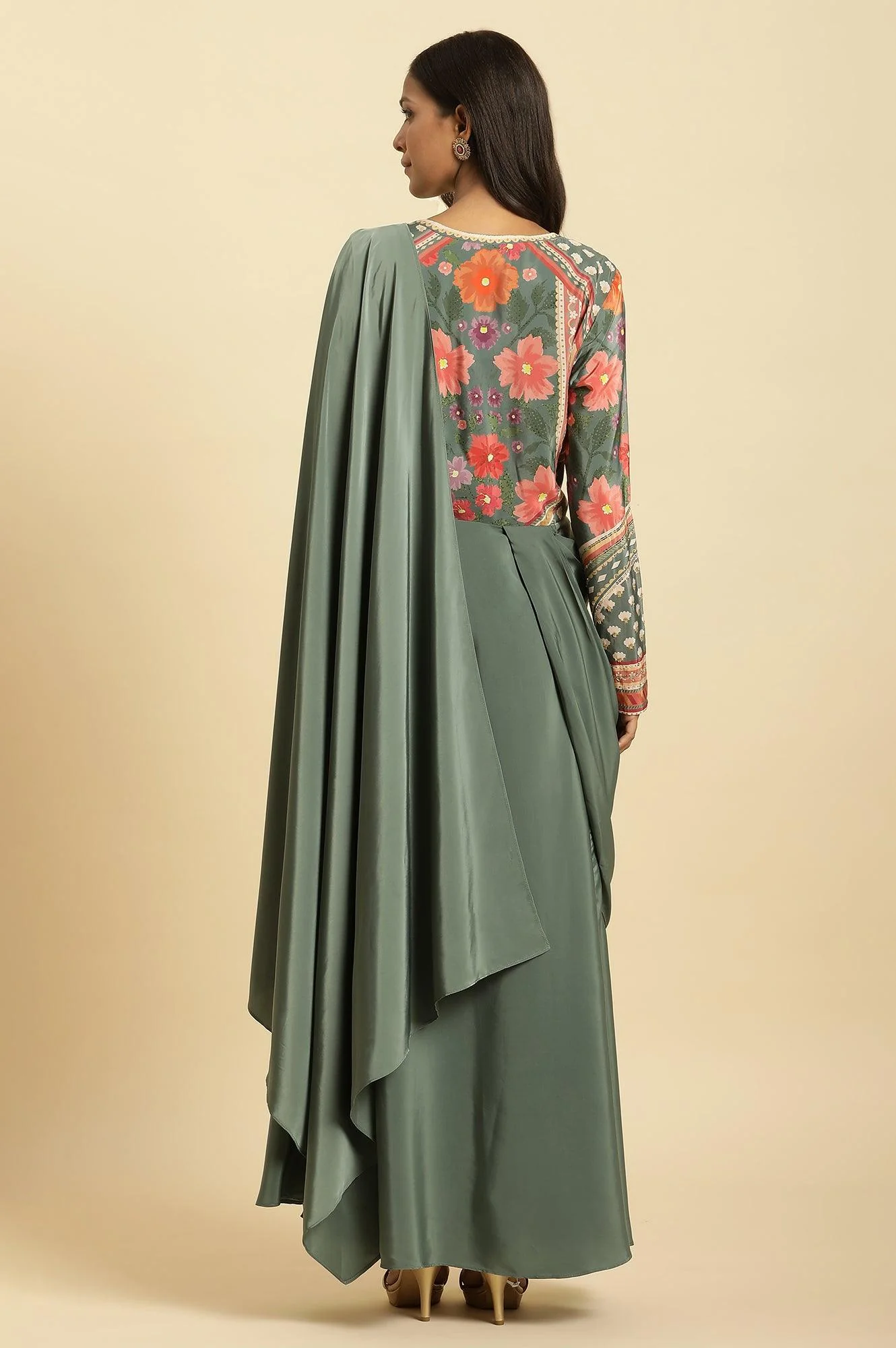 Green Predrape Saree Dress With Multi-Coloured Embellishement - Image 4