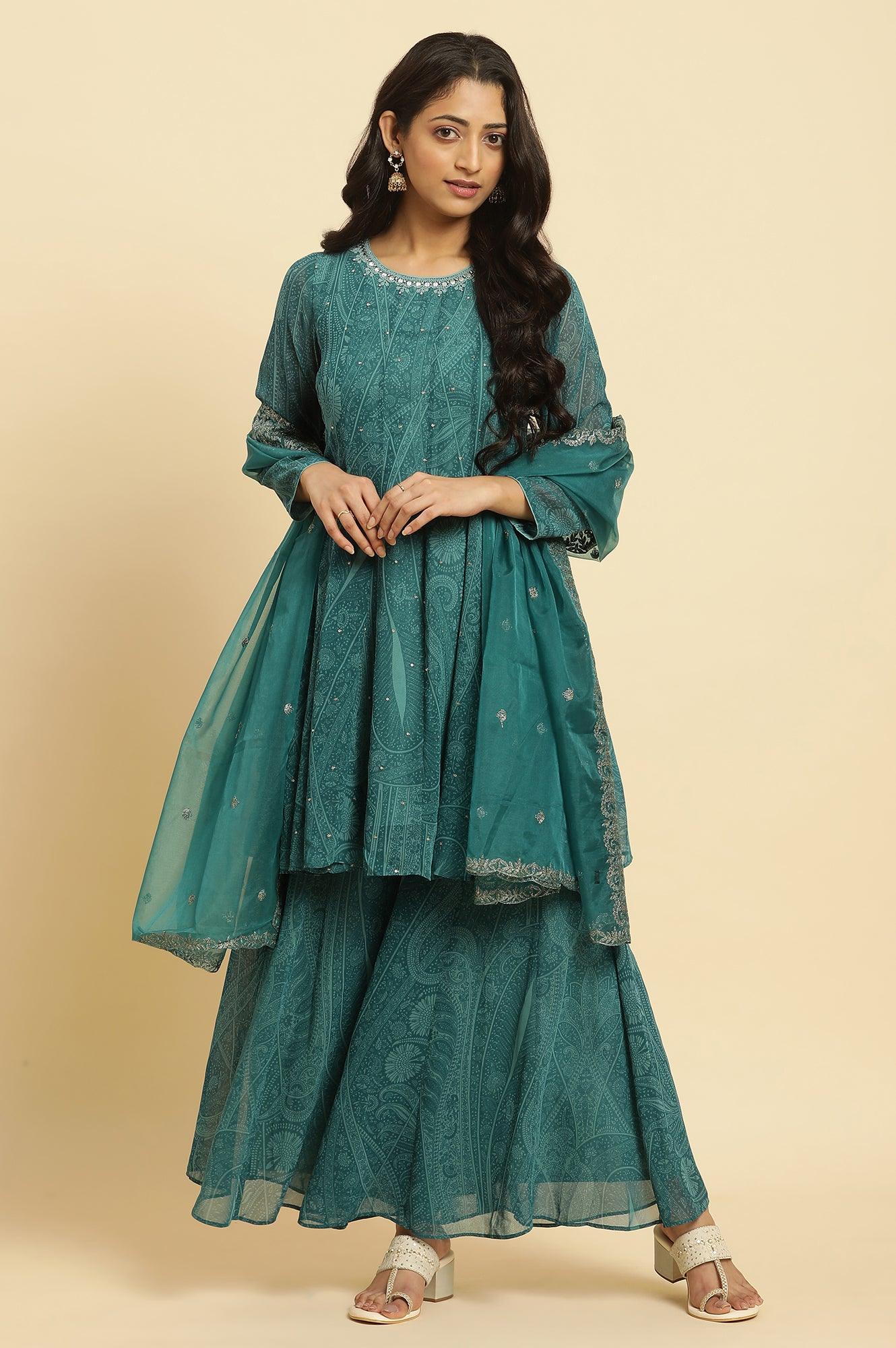 Green Print-On-Printed Embellished Flared Kurta, Sharara And Dupatta Set - Image 2